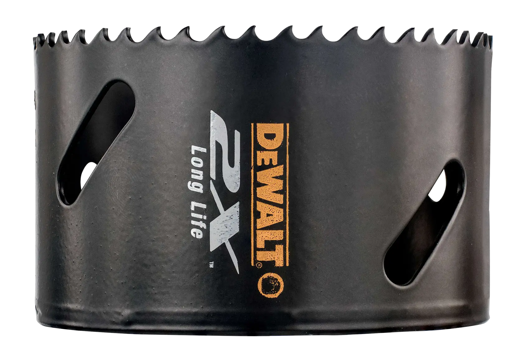 Black DEWALT hole saw with sharp teeth and ventilation holes, labeled for 2X long life performance.