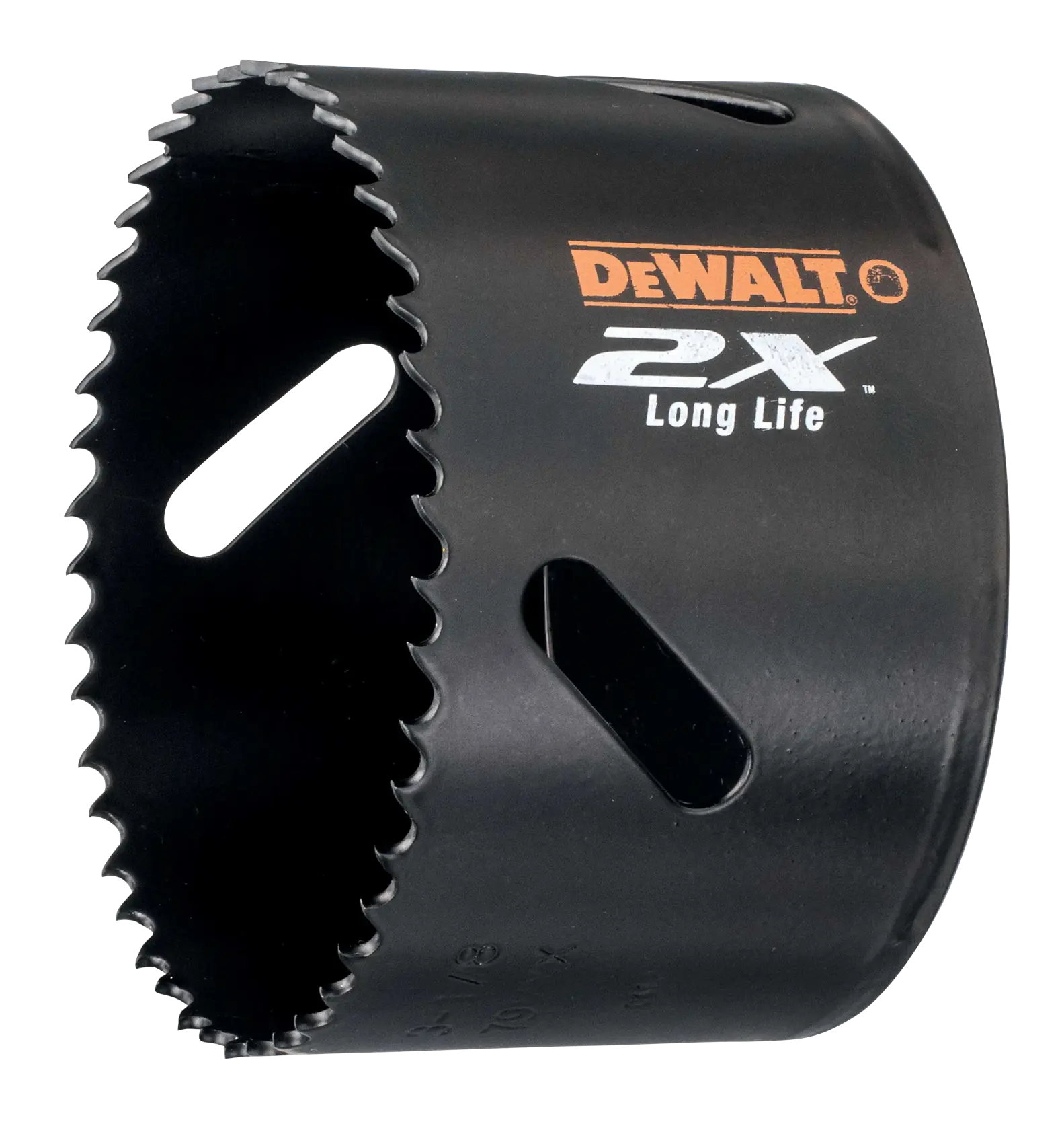 DEWALT hole saw with sharp teeth and black finish, labeled 2X Long Life for durability in drilling applications.