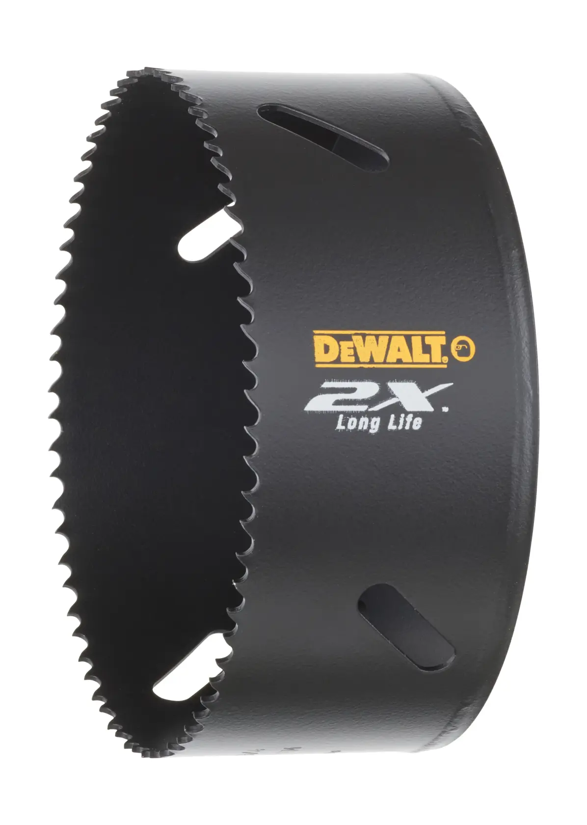 DEWALT DT8205L hole saw, black with sharp teeth, 2X Long Life printed on side, isolated on white.