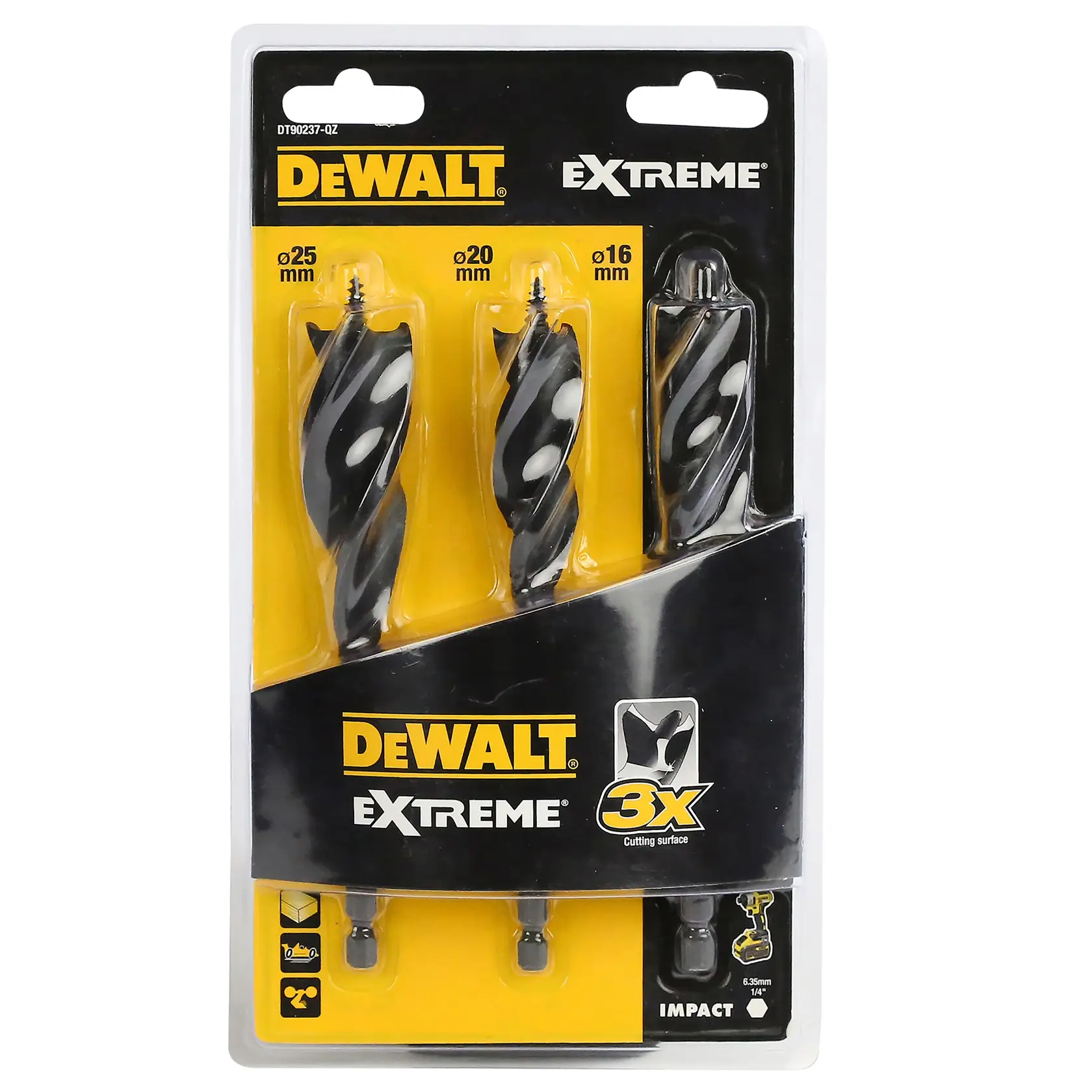 Set de mèches bois DEWALT Extreme, trois tailles 16, 20, 25 mm, emballage jaune et noir.