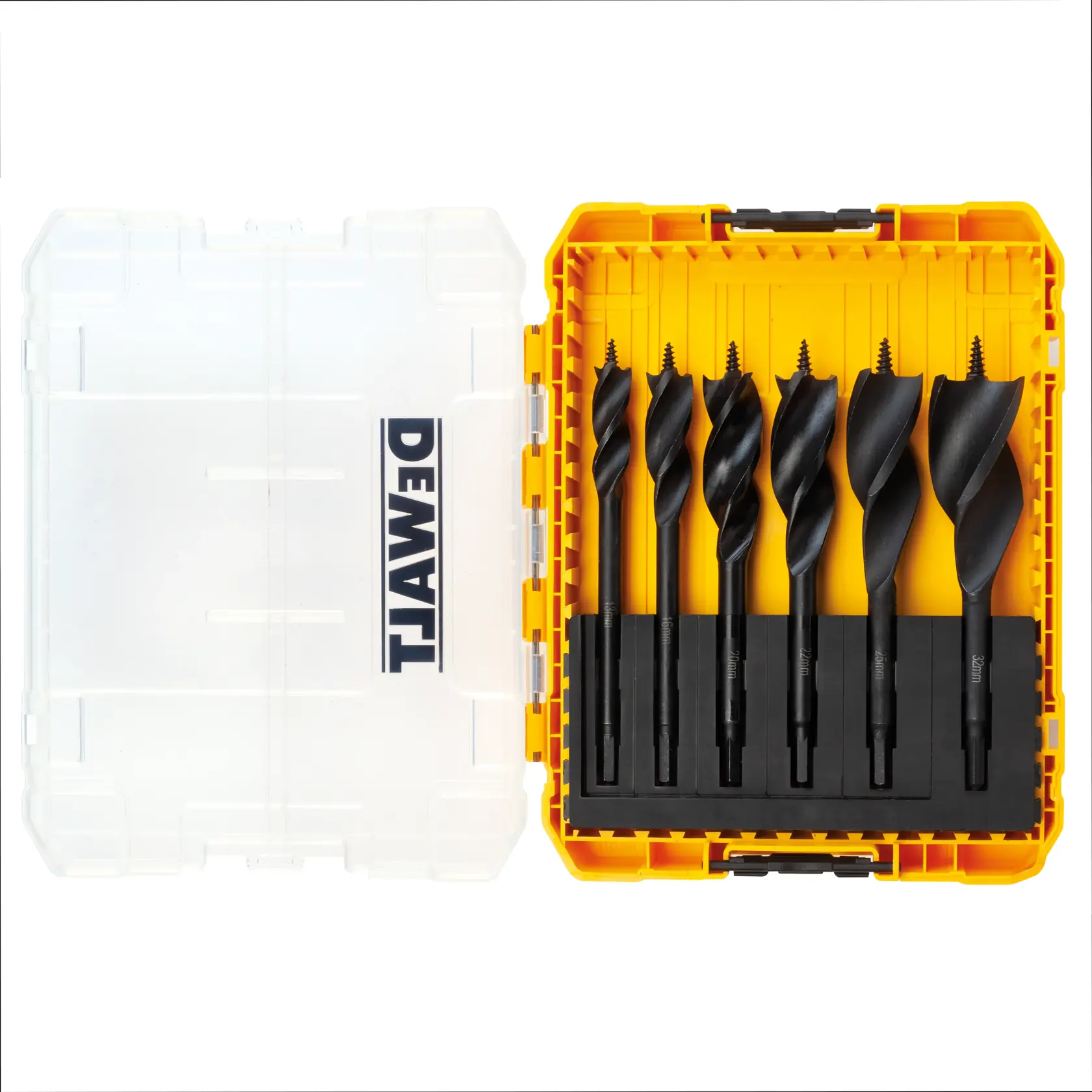 Set de forets DEWALT dans un boîtier jaune et transparent; six mèches noires rangées.