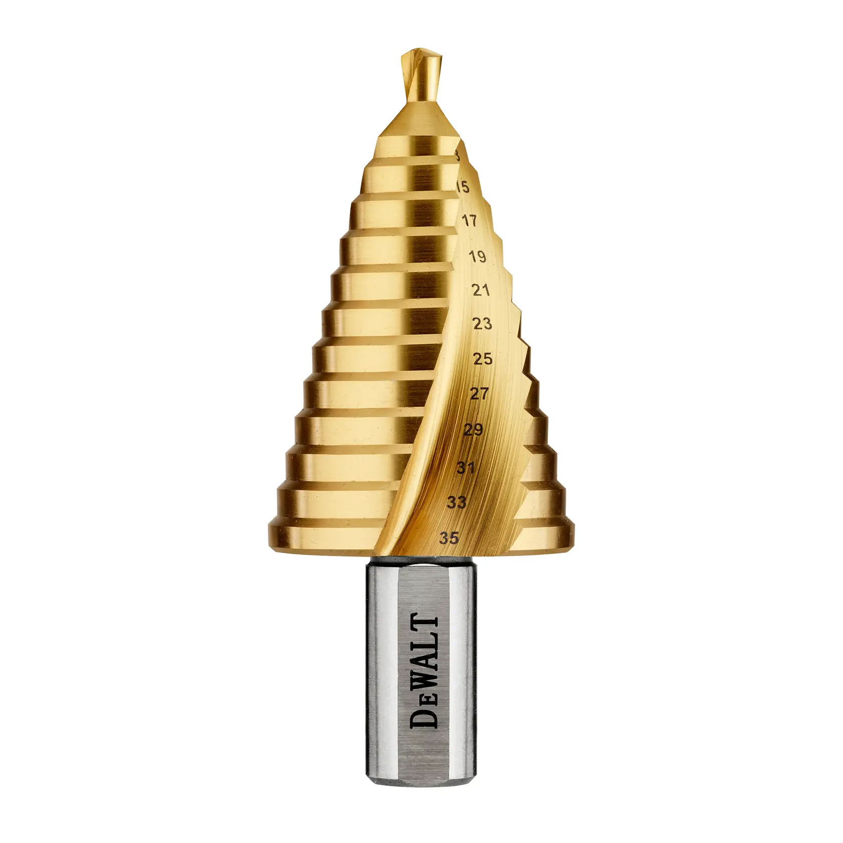 Foret étagé DEWALT doré, marches numérotées, utilisé pour percer différents diamètres de trous.