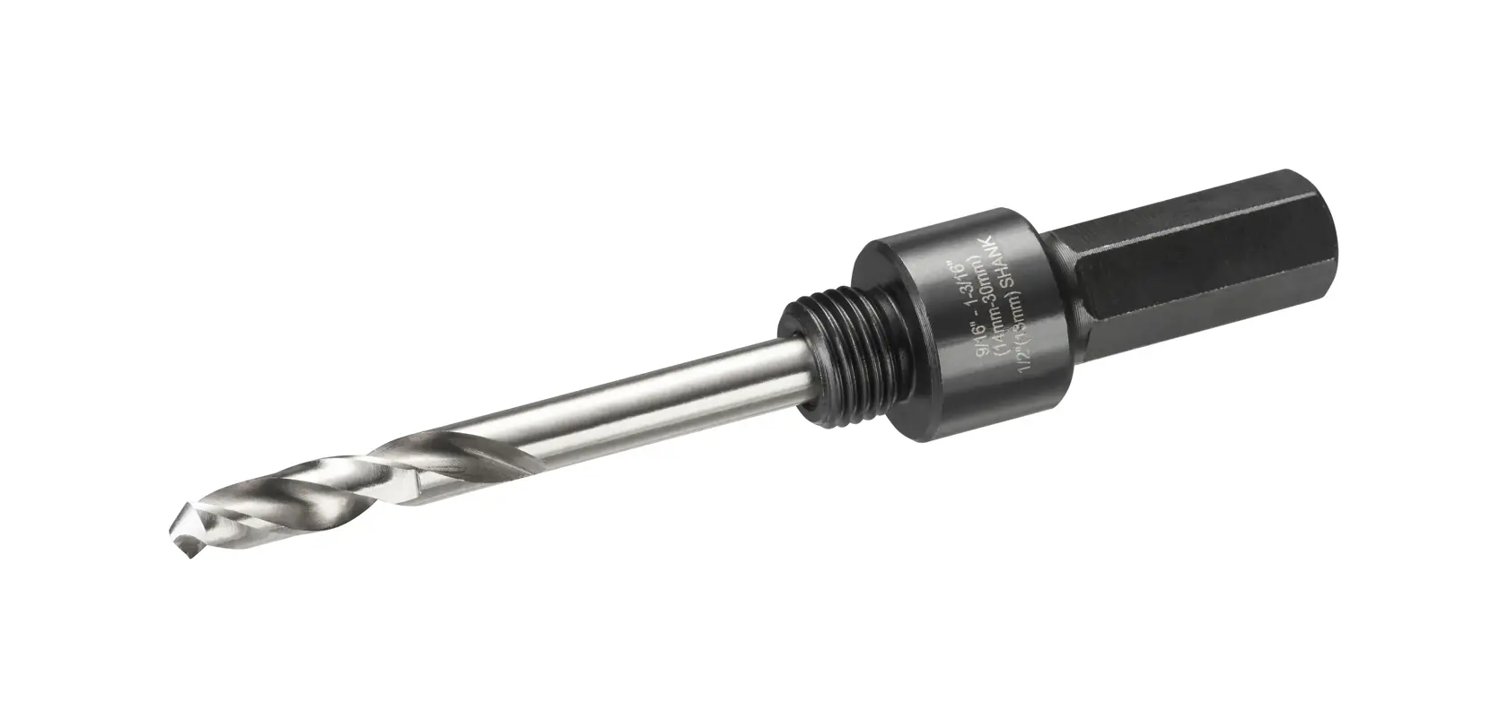Foret métallique DEWALT DT90367 avec queue hexagonale et mandrin, isolé sur fond blanc.