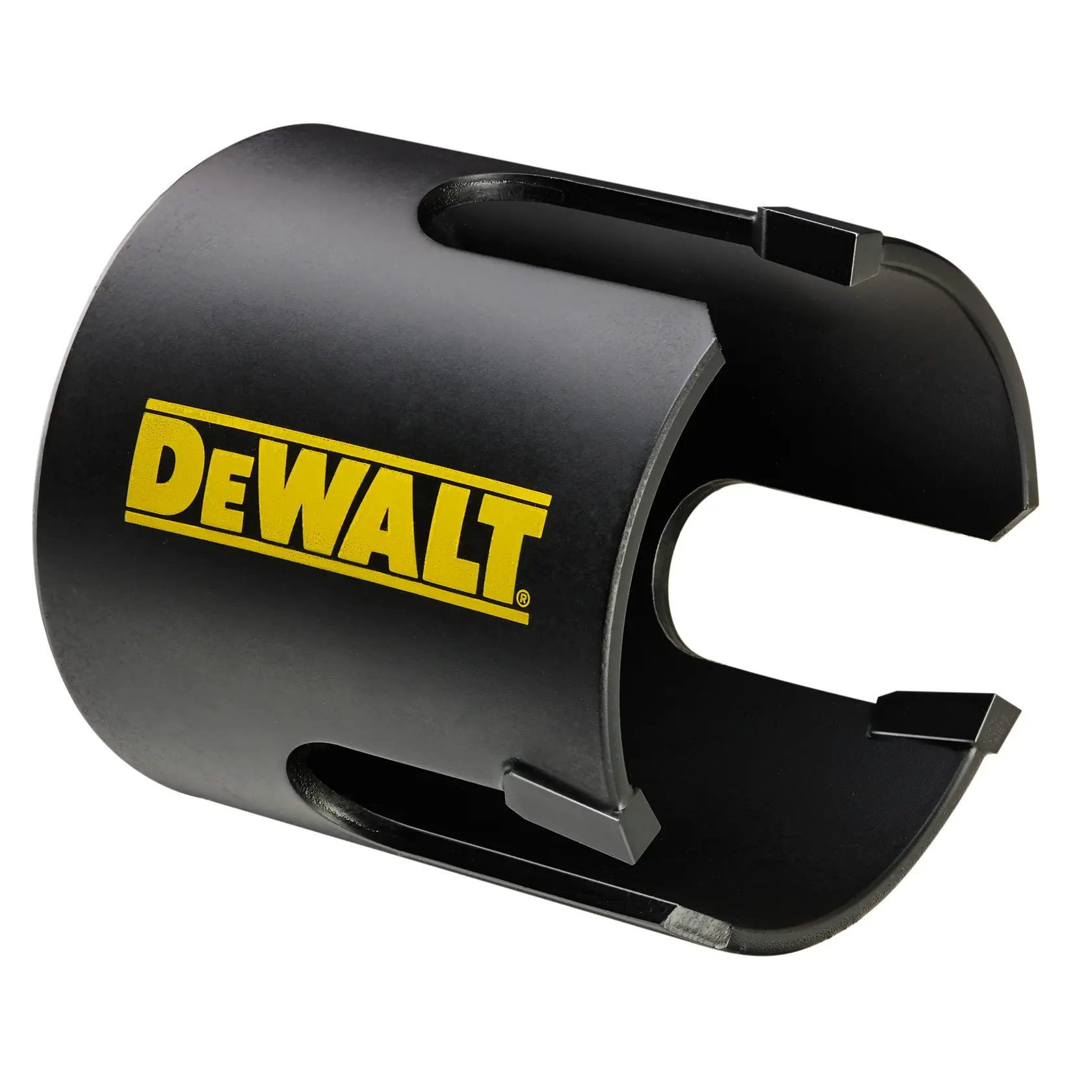Herramienta de corte de tuberías cilíndrica negra DEWALT con logotipo DEWALT amarillo, mostrada en ángulo sobre fondo blanco.