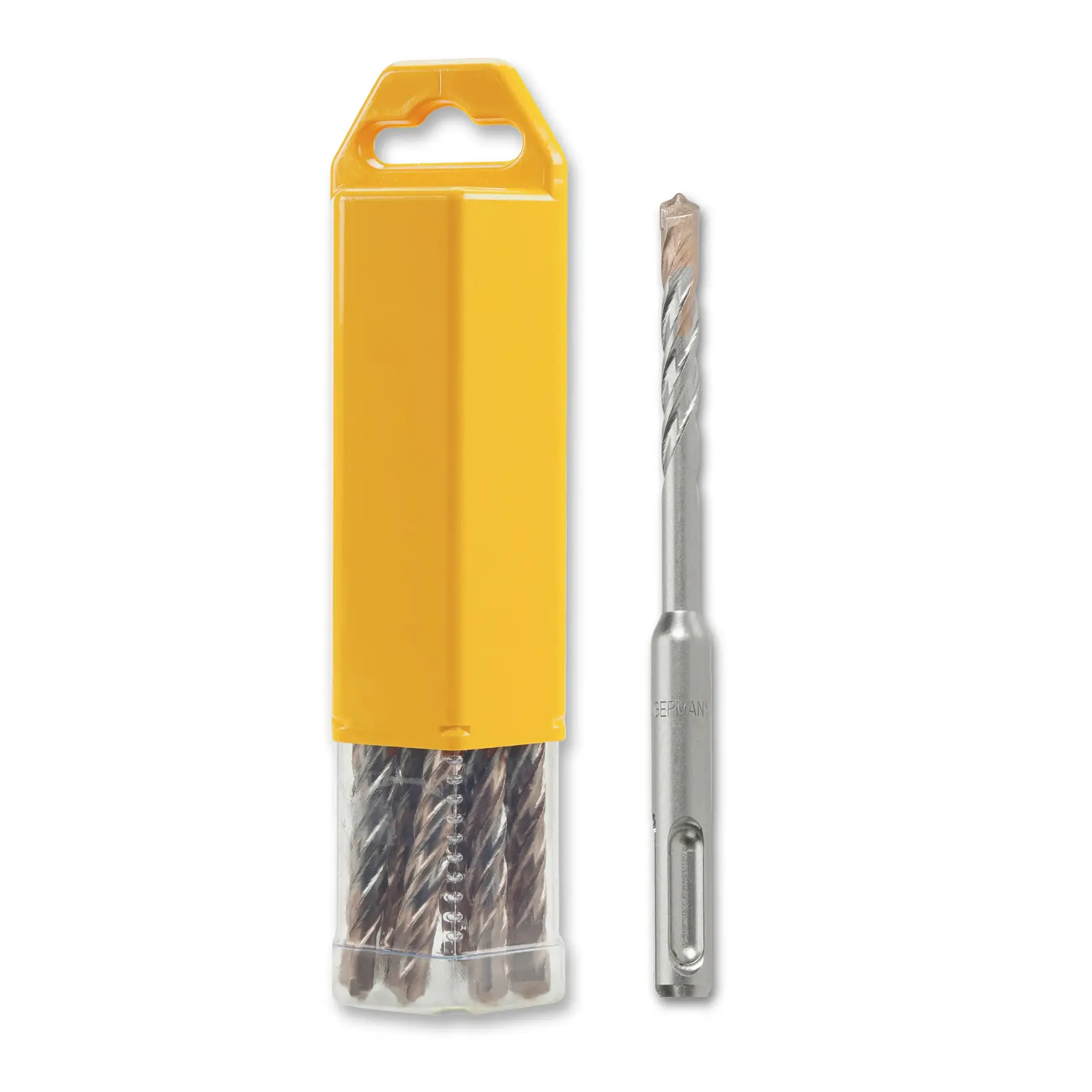 Juego de brocas DEWALT con estuche amarillo y una broca metálica al lado.