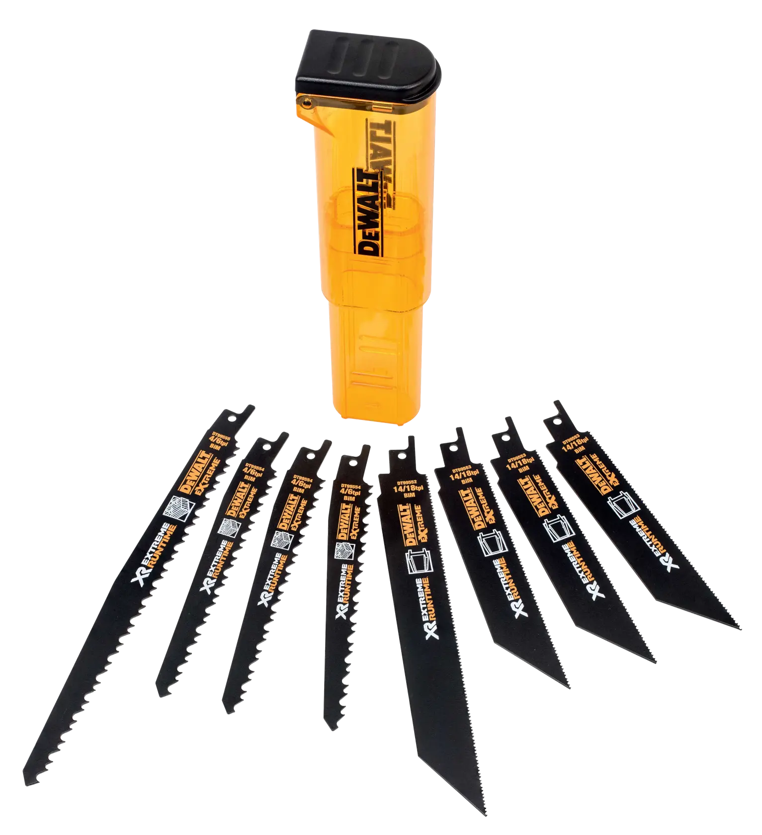 DEWALT DT99551 Set mit 8 schwarzen Sägeblättern und gelbem Kasten für Sägen.