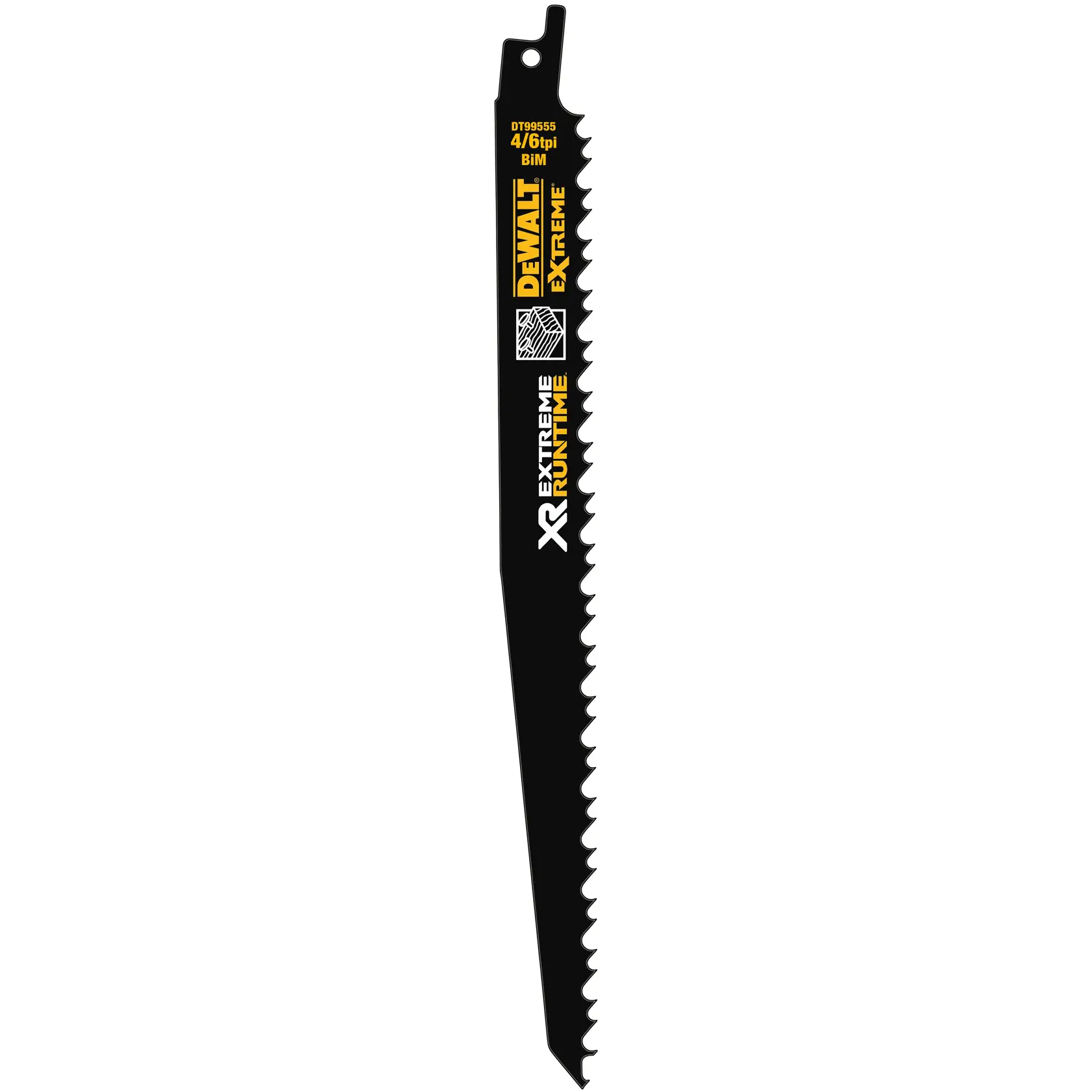 Lame de scie sabre DEWALT DT99554 XR Extreme Runtime noire avec dents tranchantes.