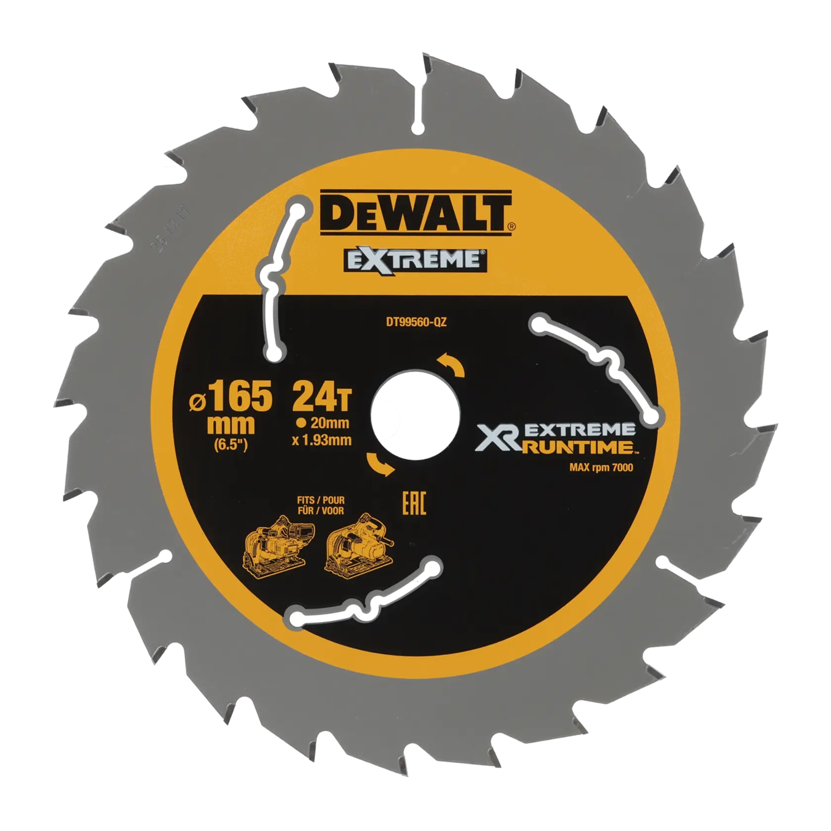 DEWALT DT99560 saw blade, 165mm, 24 teeth, for power tools, Extreme Runtime, circular shape, black and yellow.