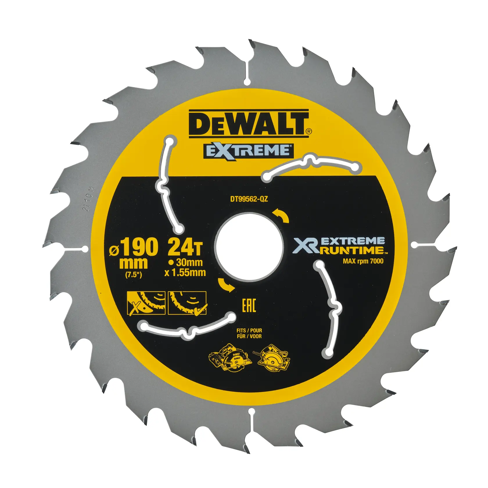 Lame circulaire DEWALT DT99562, 190mm, 24 dents, XR Extreme Runtime, max 7000 rpm.