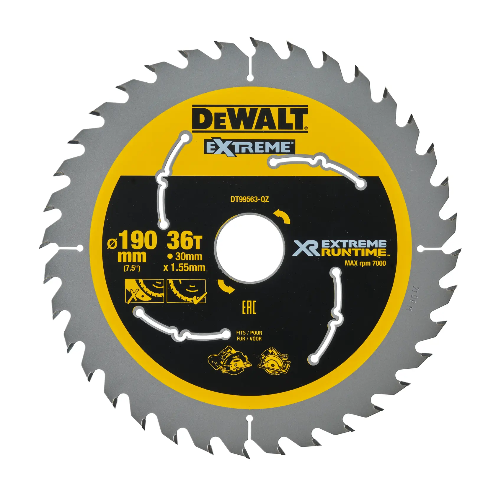 Lame circulaire DEWALT Extreme 190mm 36T pour bois, dents argentées et centre jaune-noir, DT99563.