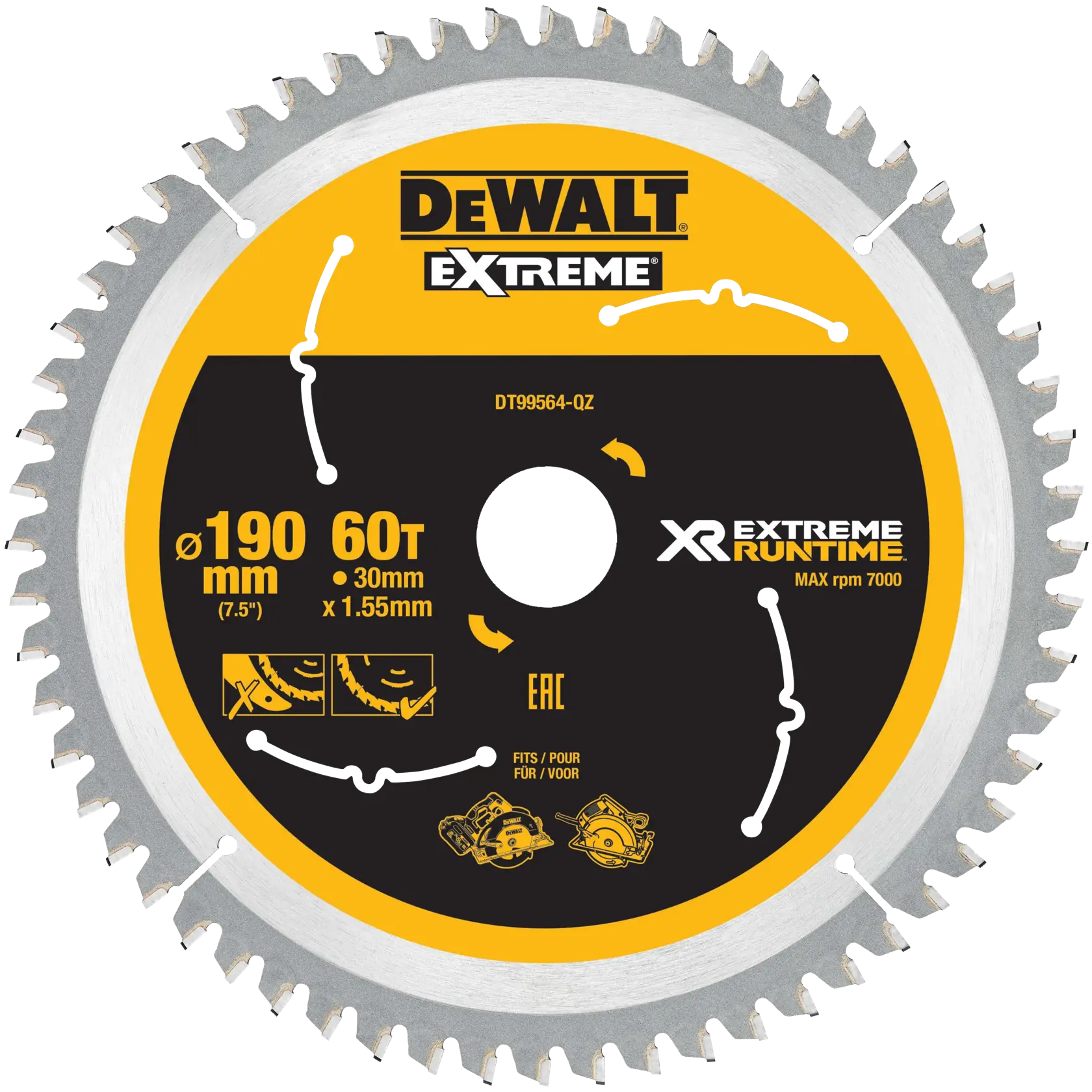 Lame de scie DEWALT DT99564 XR Extreme Runtime, 190 mm, 60 dents, pour scies circulaires.