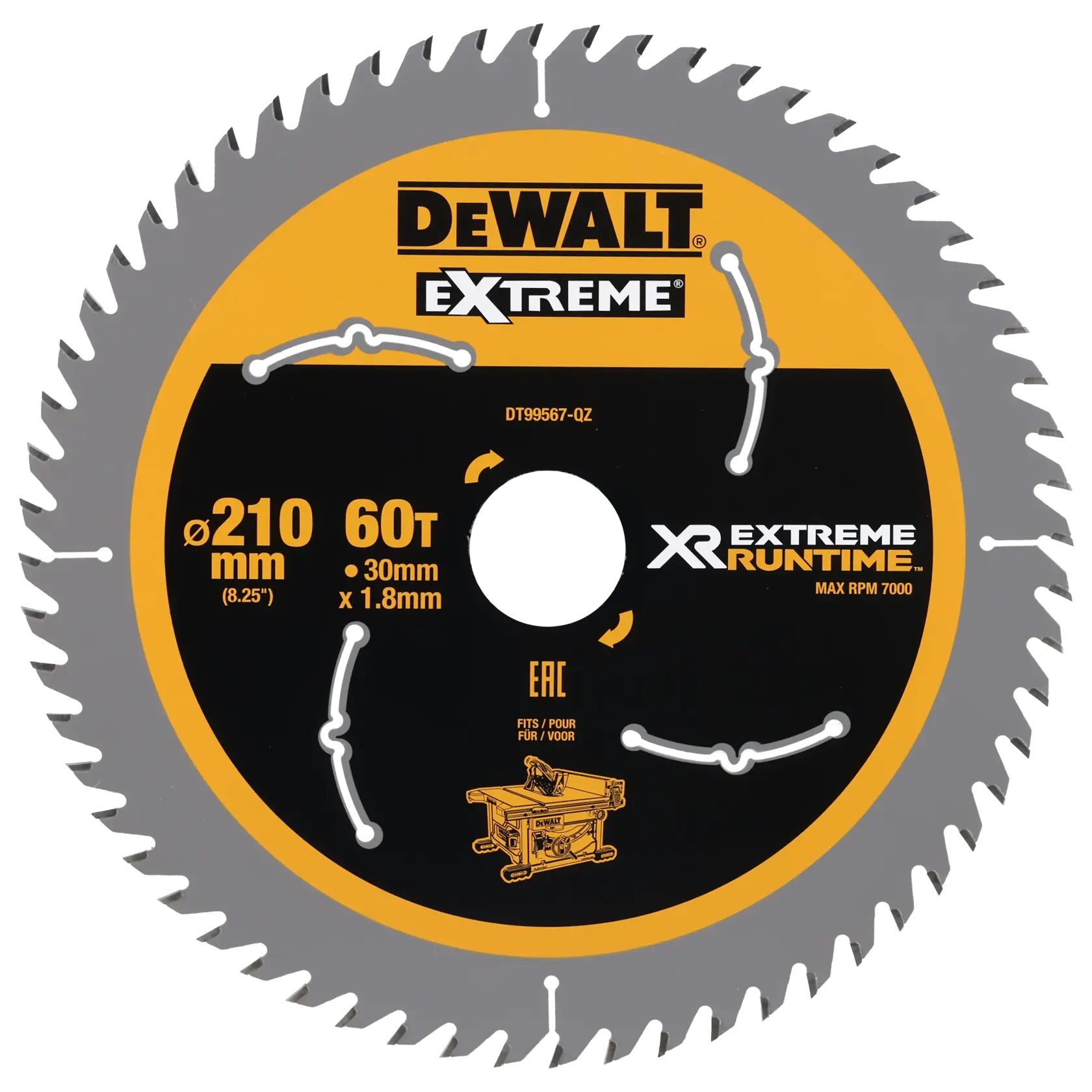 Lame de scie circulaire DEWALT DT99567, 210mm, 60 dents, XR EXTREME RUNTIME, adaptée au bois.