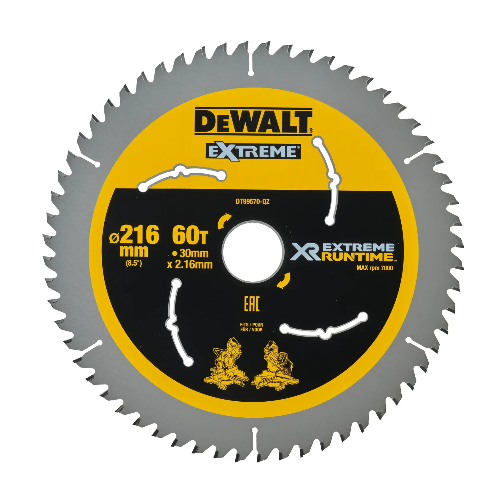 Lame de scie DEWALT Extreme XR, 216mm, 60 dents, pour outils électriques, design jaune et noir.