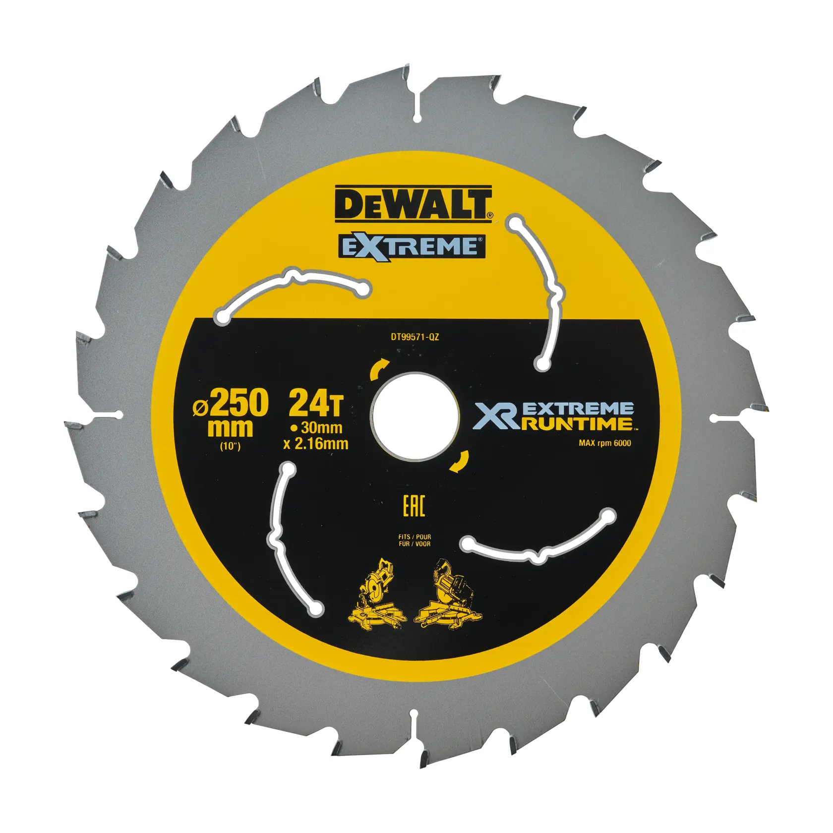 Lame de scie DEWALT DT99571 Extreme XR, 250mm, 24 dents, pour bois, jaune et noire.