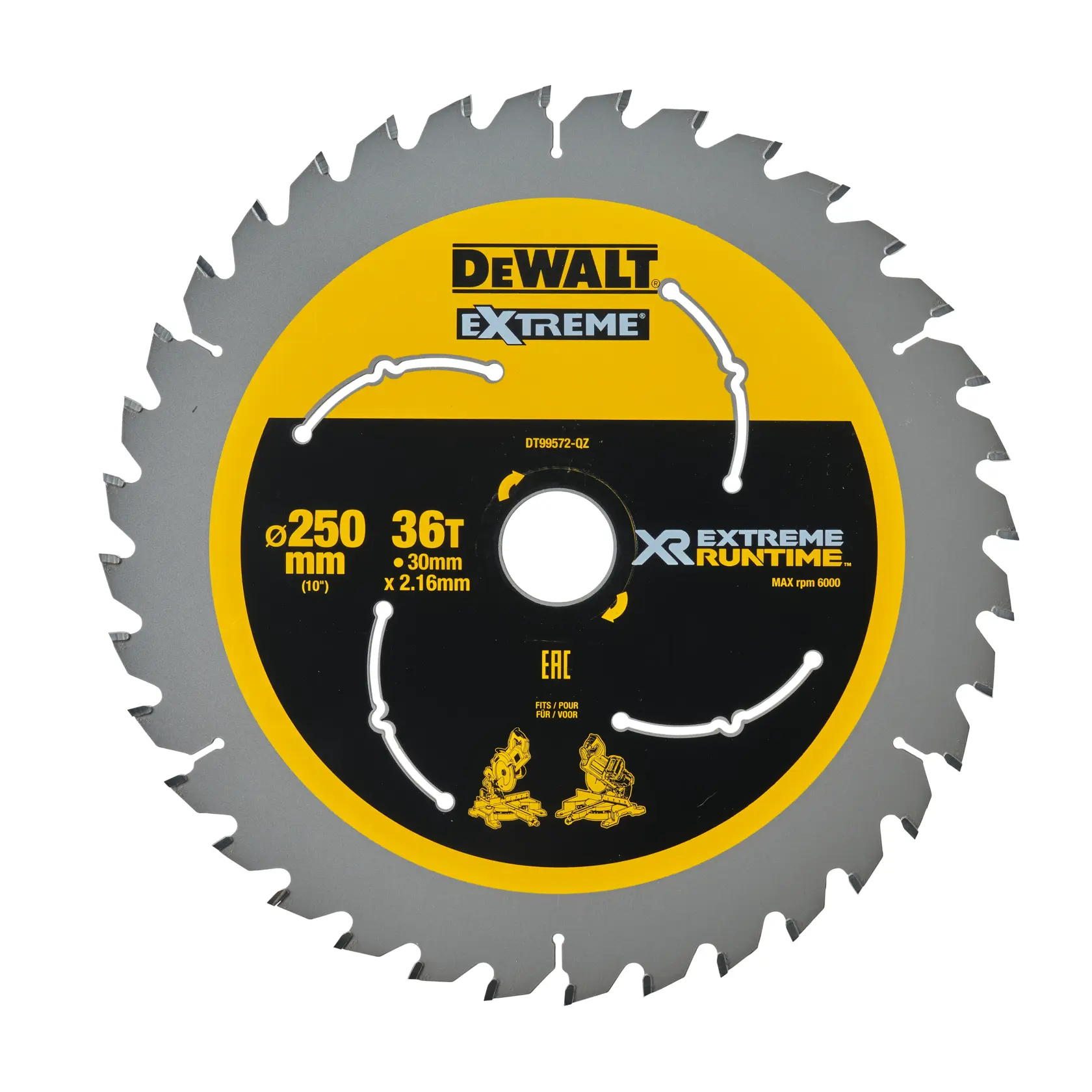 Lame de scie circulaire DEWALT Extreme XR 250mm, 36 dents, bois. Jaune et noire, spécifications visibles.