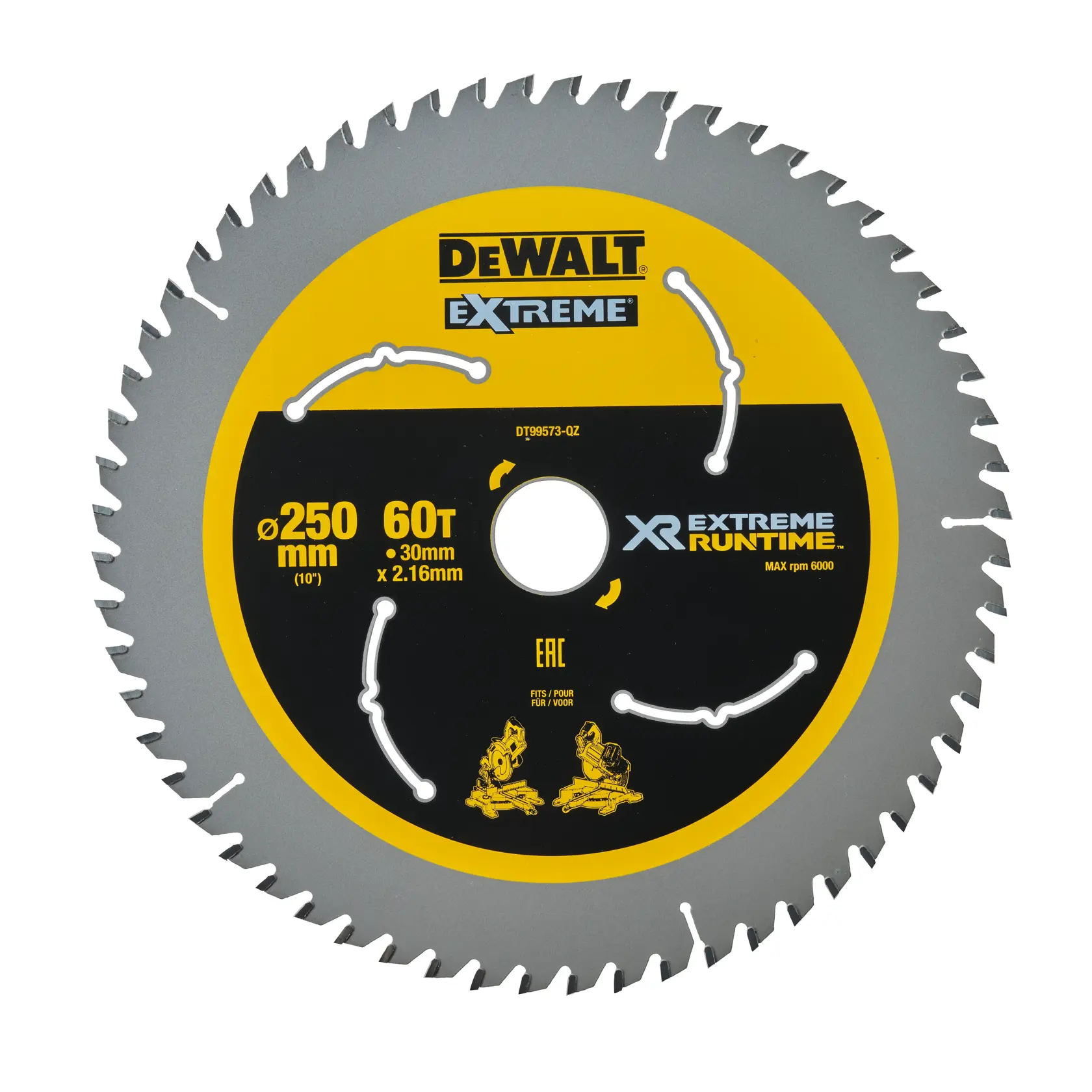 Lame de scie circulaire DEWALT DT99573 Extreme, 250mm, 60 dents, pour bois, XR Extreme Runtime.