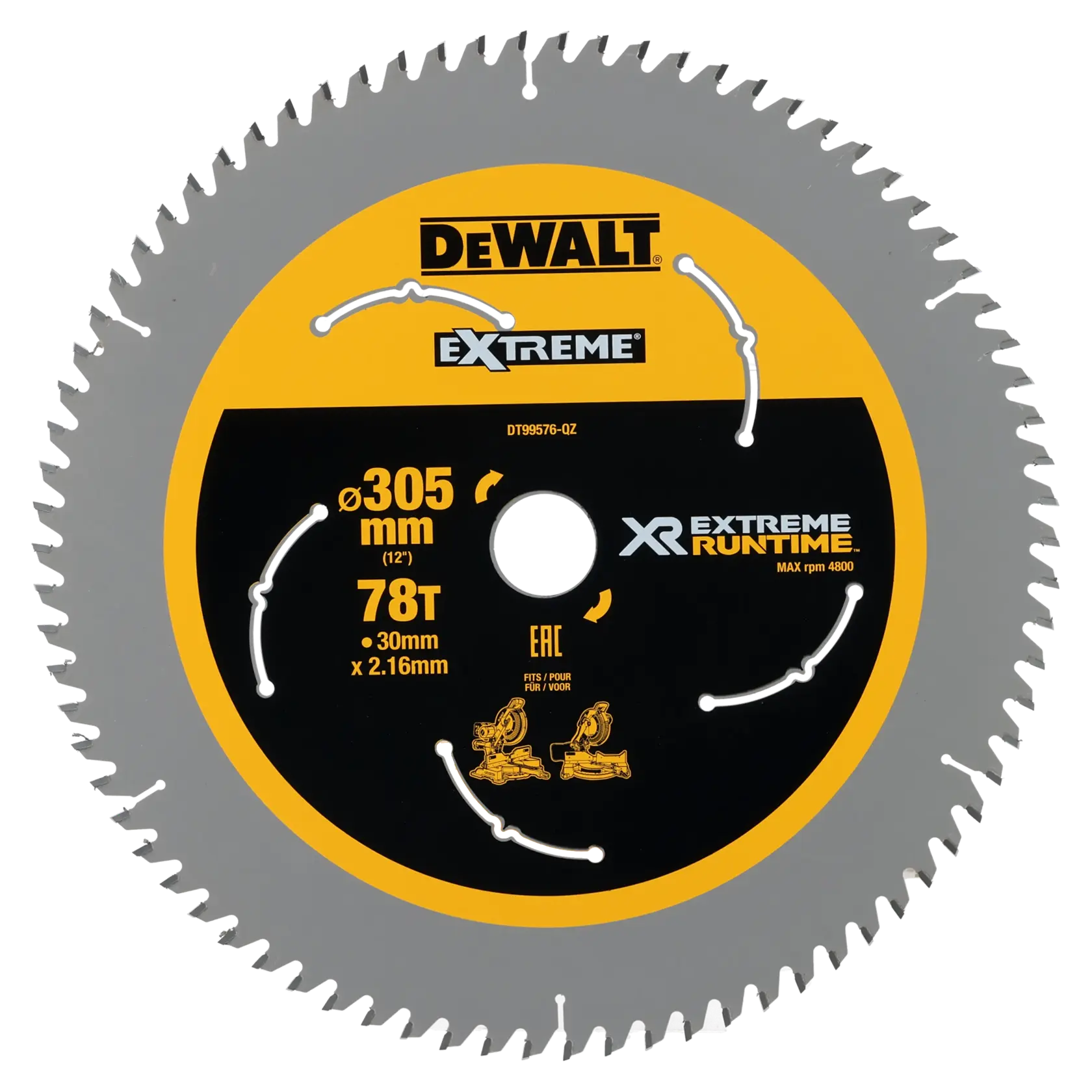 Lame DEWALT, références DT99576 et DT99576-QZ, 305mm, 78T, pour autonomie extrême.