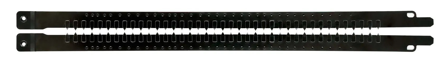 Deux bandes de lame de scie DEWALT noires avec dents, placées horizontalement sur fond blanc.
