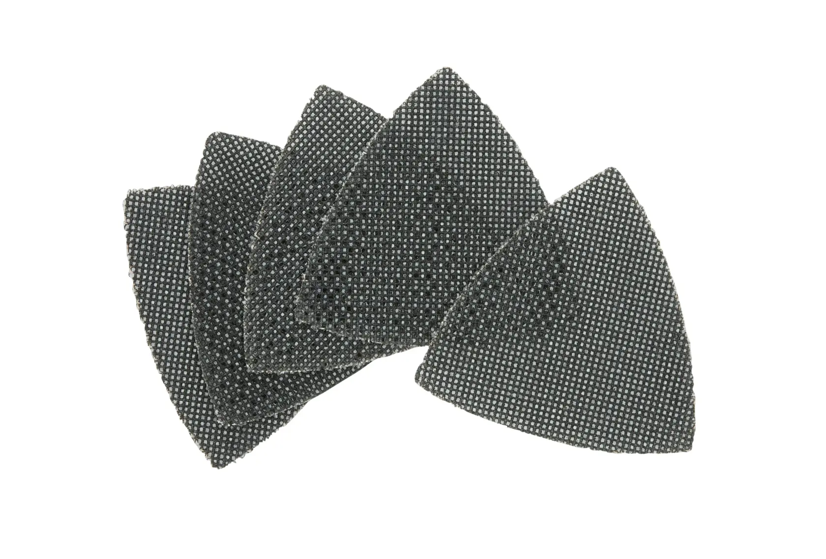 Lot de cinq feuilles abrasives triangulaires DEWALT, motif en maille noire, disposées en éventail.