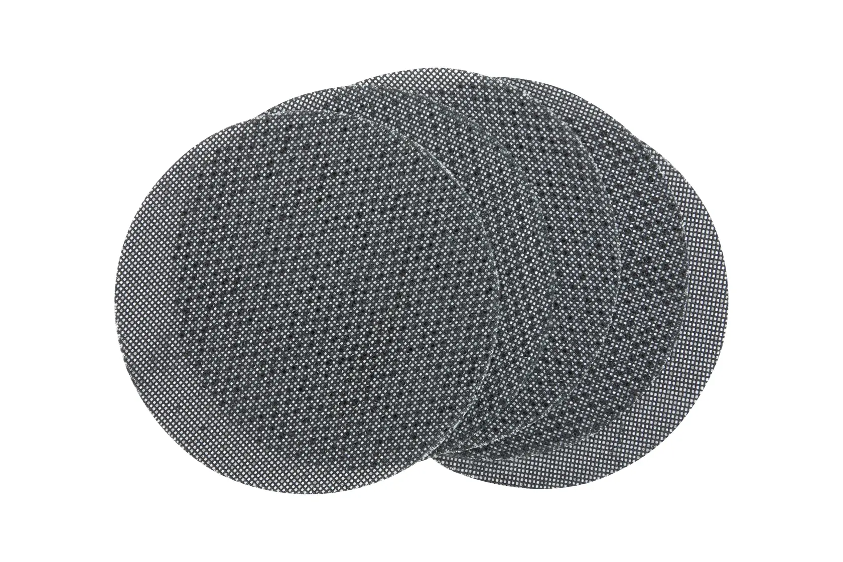 Three round mesh sanding sheets stacked, used for surface finishing with power tools.