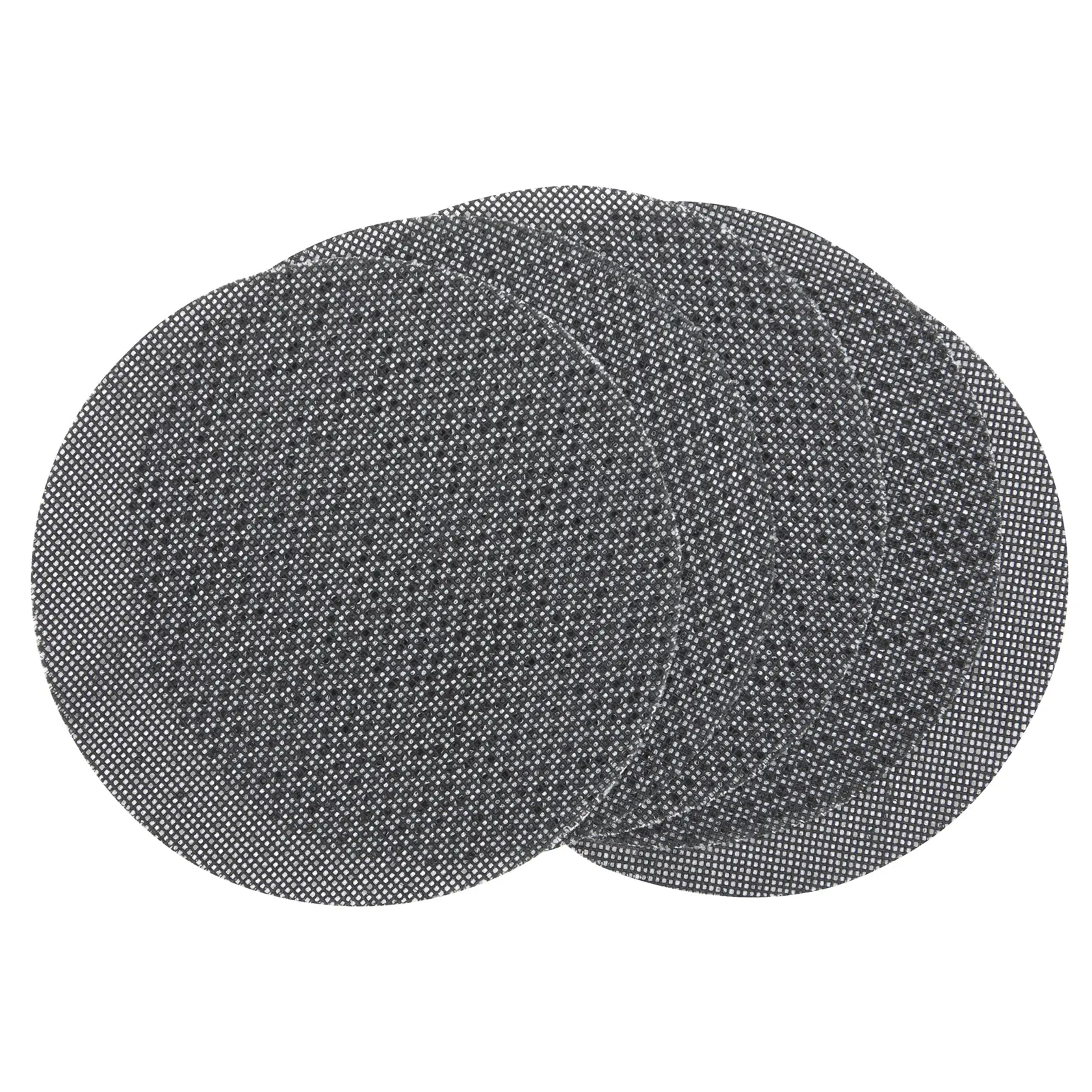 Four round mesh sanding discs overlapping, shown on a white background.