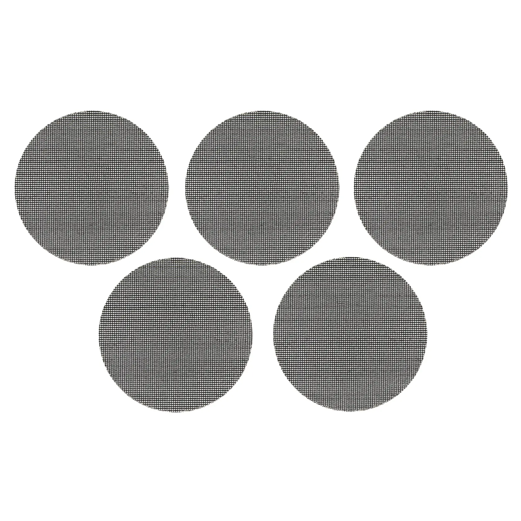 Cinq disques de maille abrasive DEWALT sont disposés en deux rangées sur fond blanc.