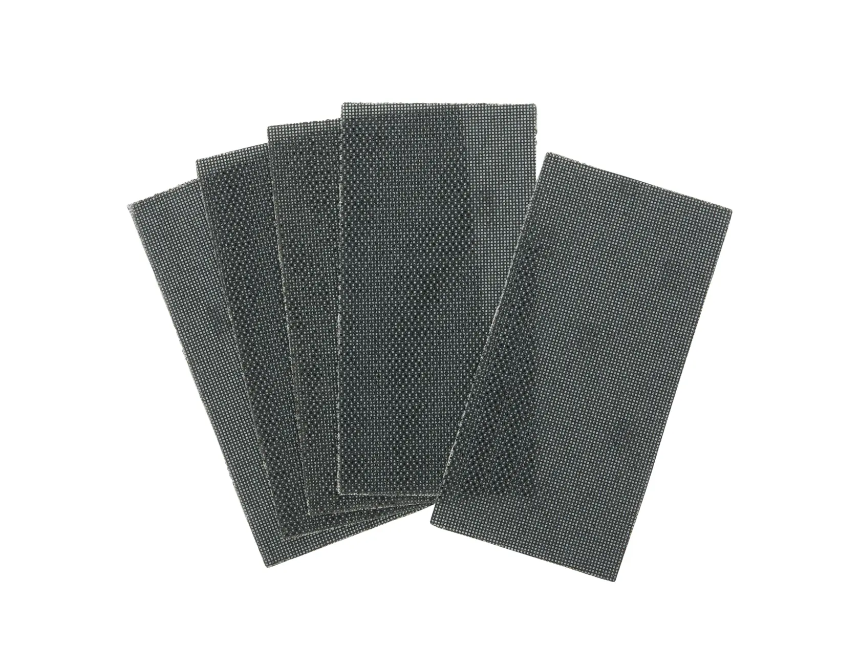 Ensemble de cinq feuilles abrasives rectangulaires DEWALT disposées en éventail sur fond blanc.