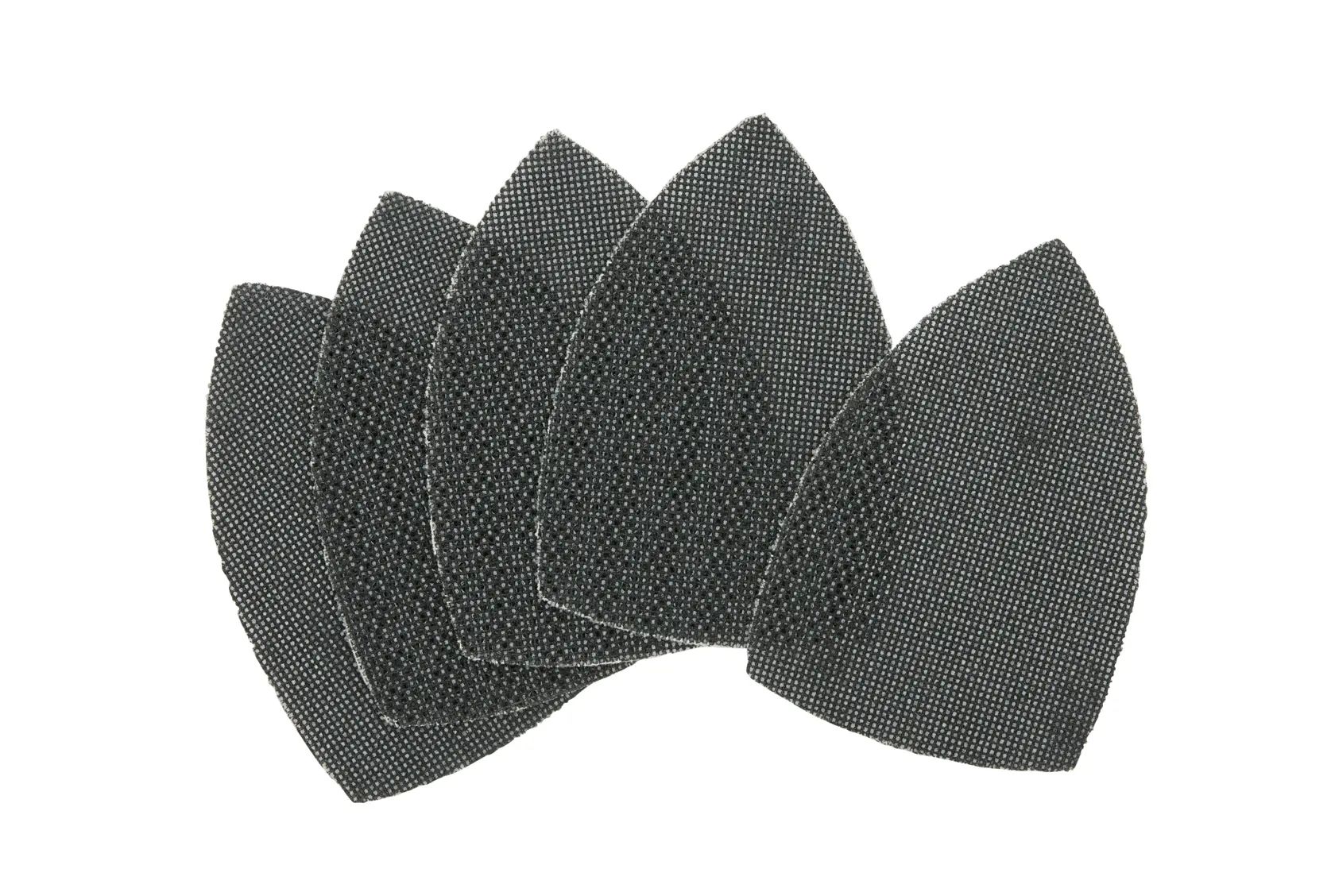 Cinq feuilles abrasives DEWALT en maille noire, en forme d’éventail, pour tâches de ponçage de précision.