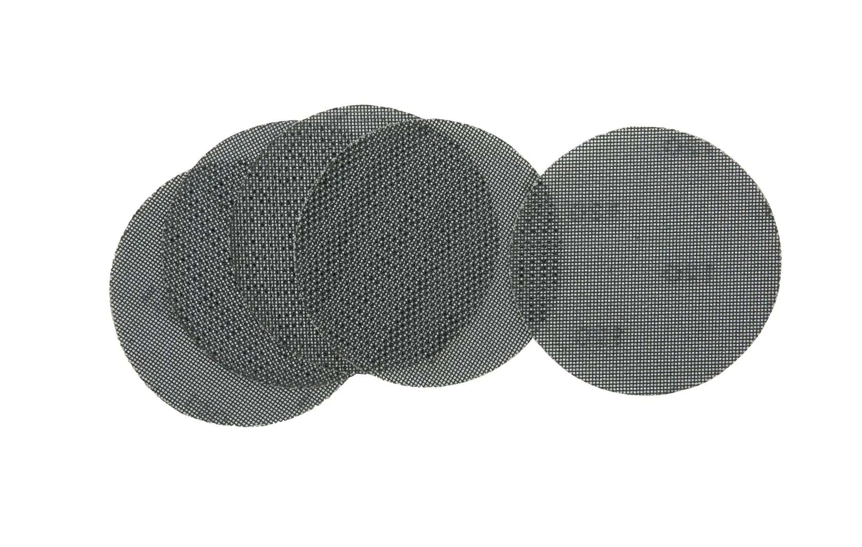 Un ensemble de disques abrasifs en maille DEWALT ronds, disposés en chevauchement sur fond blanc.