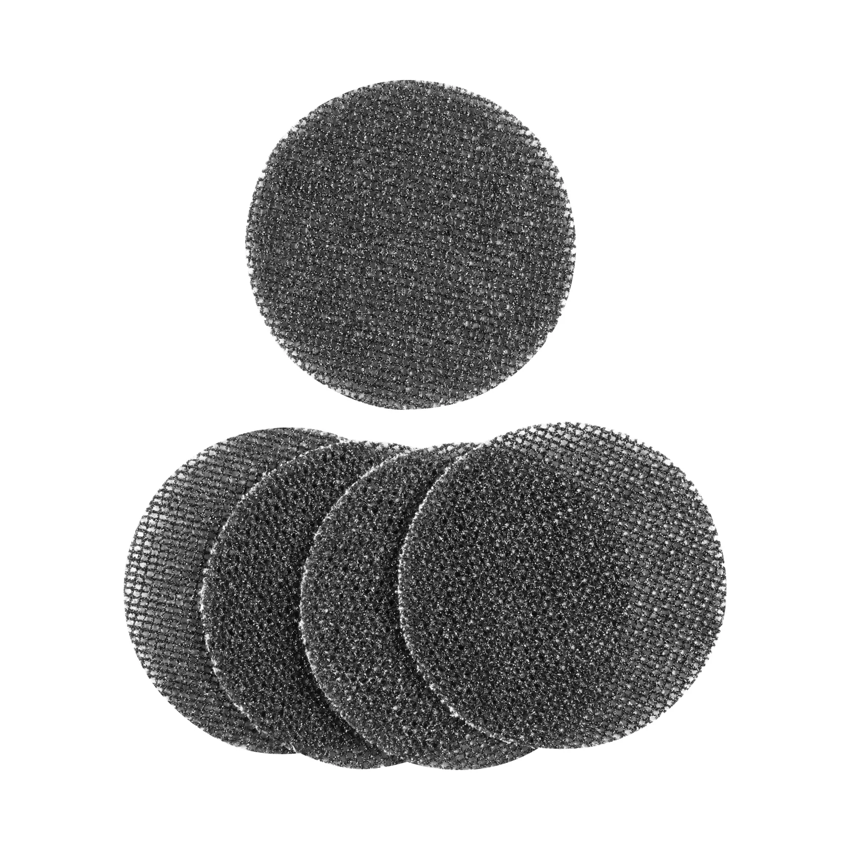 Five black mesh sanding discs for tools, arranged in a stack and one separate, on a white background.