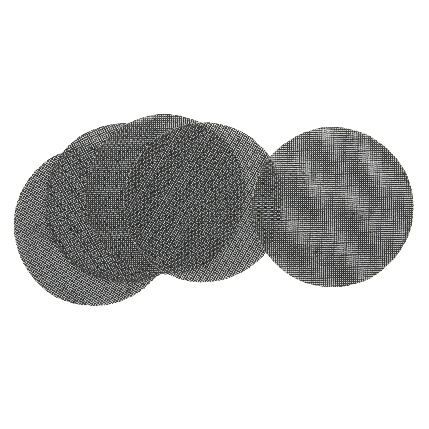 Five round mesh sanding discs arranged in an overlapping pattern on a white background.