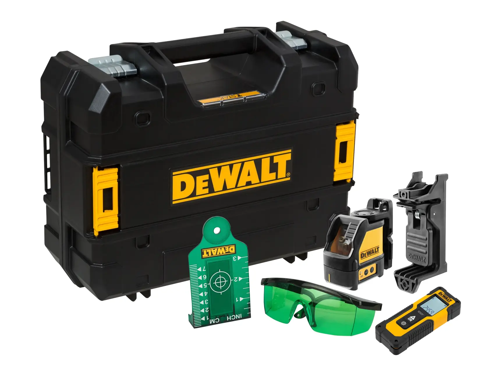 DEWALT photography kit with black case, laser level, green goggles, detector, mount, and measurement tools.