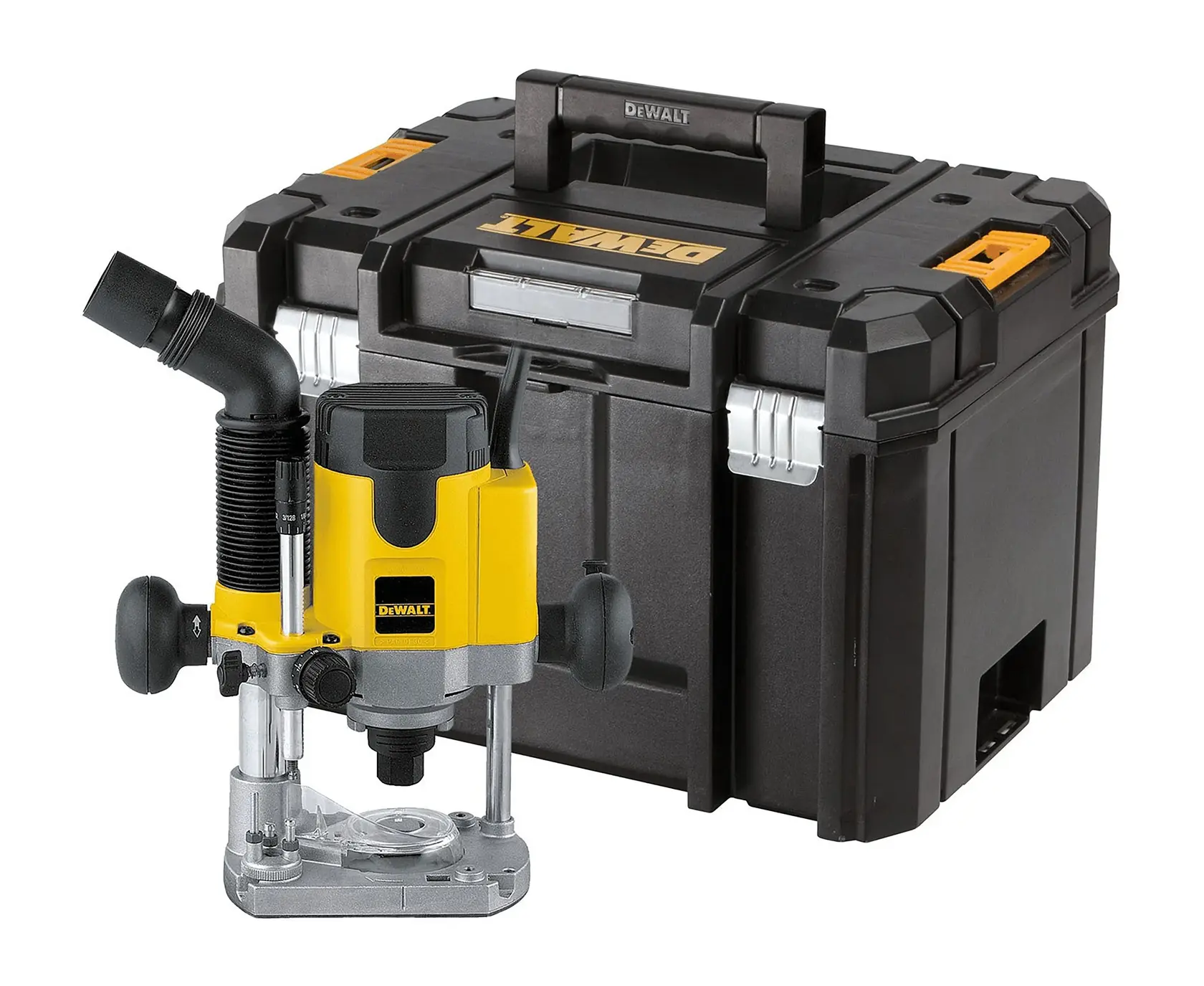 DEWALT plunge router with a sturdy carrying case, suitable for woodworking tasks and storage.
