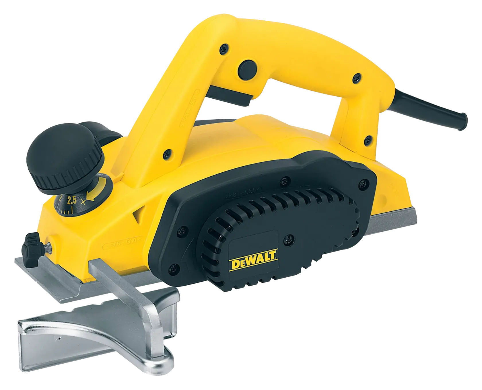Yellow DEWALT DW680 electric planer with black handle and adjustment knob, shown on a white background.