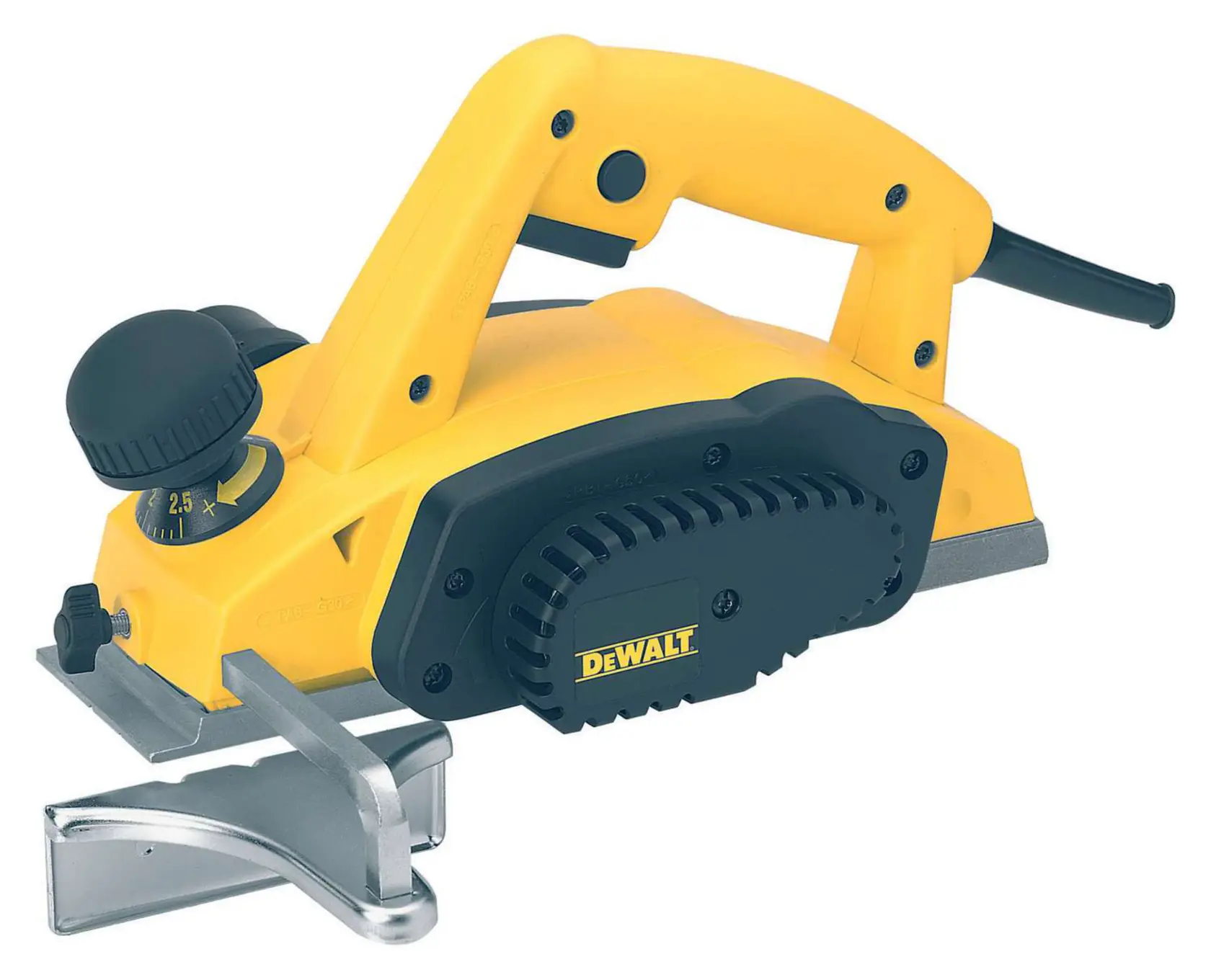 A DEWALT DW680 electric hand planer in yellow and black, shown on a white background. The tool features a comfortable handle, an adjustable knob for depth settings, a visible cutting blade, and the DEWALT logo on the side.