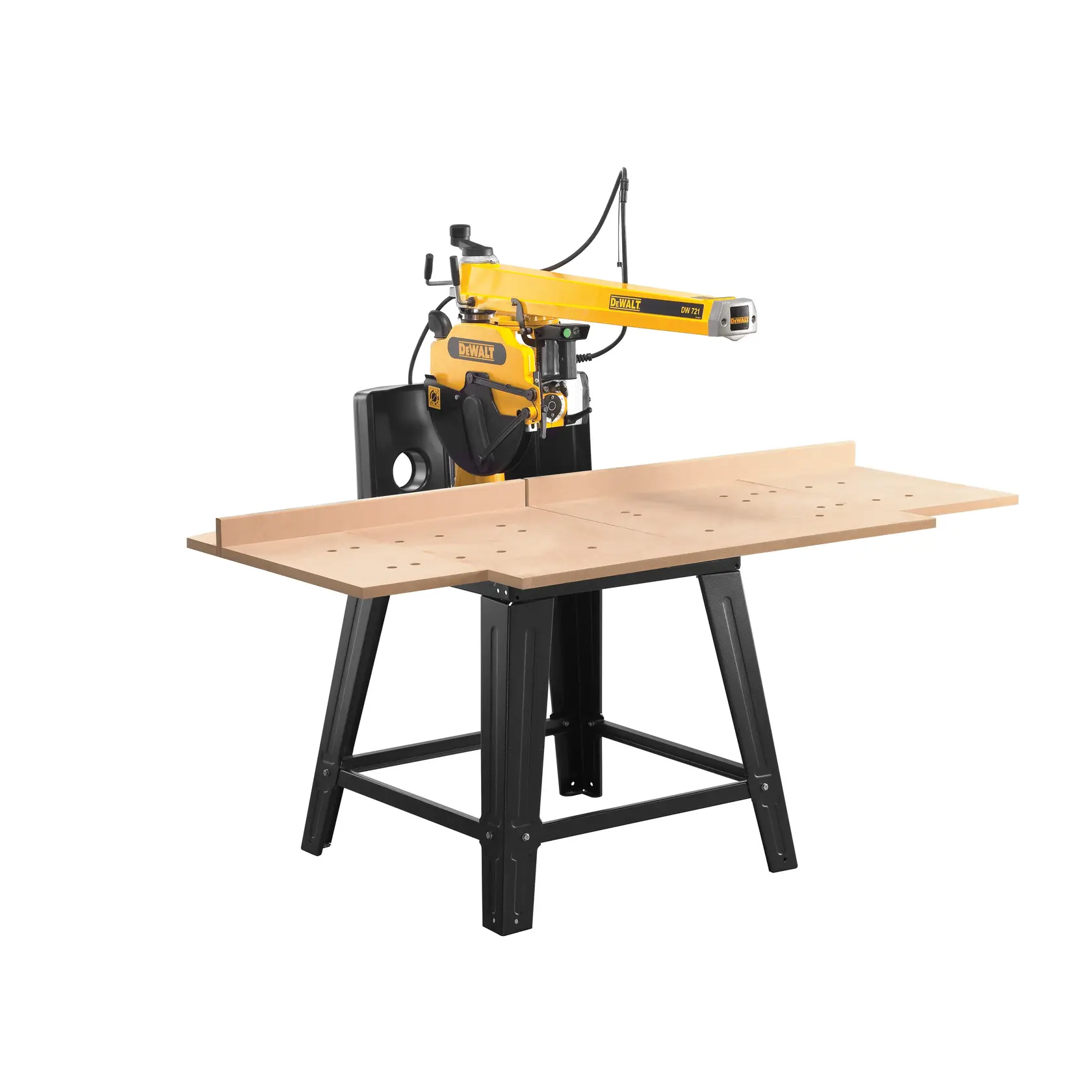 DEWALT DW721KN radial arm saw with wide worktable for precise woodworking and cutting tasks.