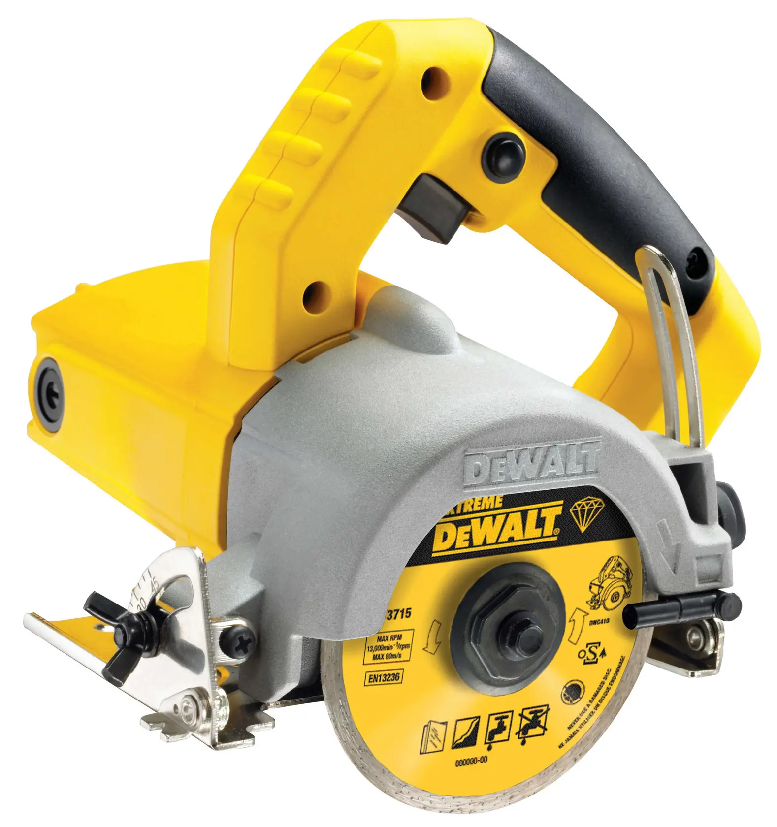 DEWALT DWC410 handheld tile saw with yellow handle and circular blade, used for cutting tiles and ceramics.
