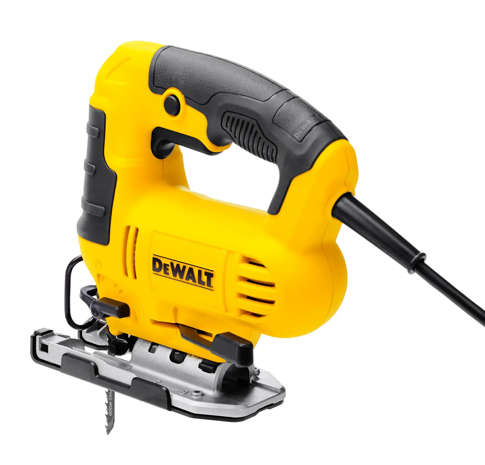 Photo of DEWALT DWE349 yellow corded jigsaw, side angle, with black grip and blade visible.