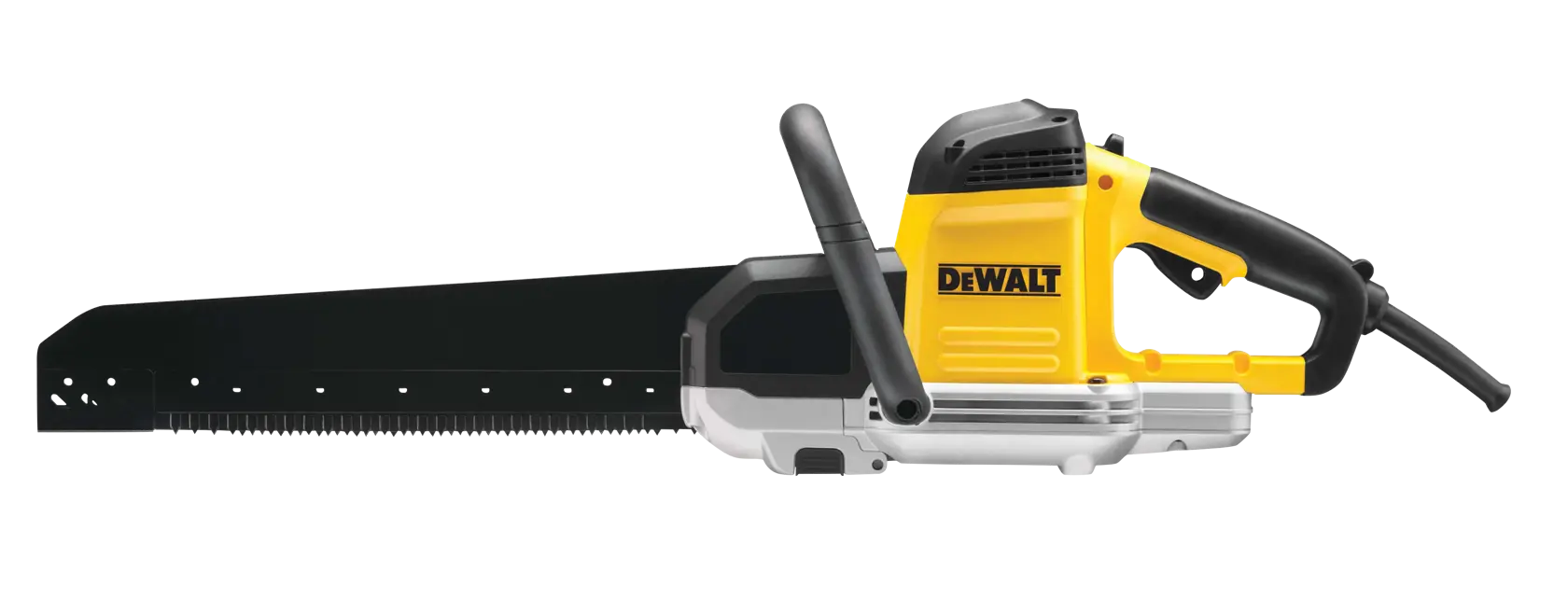 A DEWALT electric alligator saw with a long black blade and yellow and black body, equipped with a front handle for safe two-handed operation.