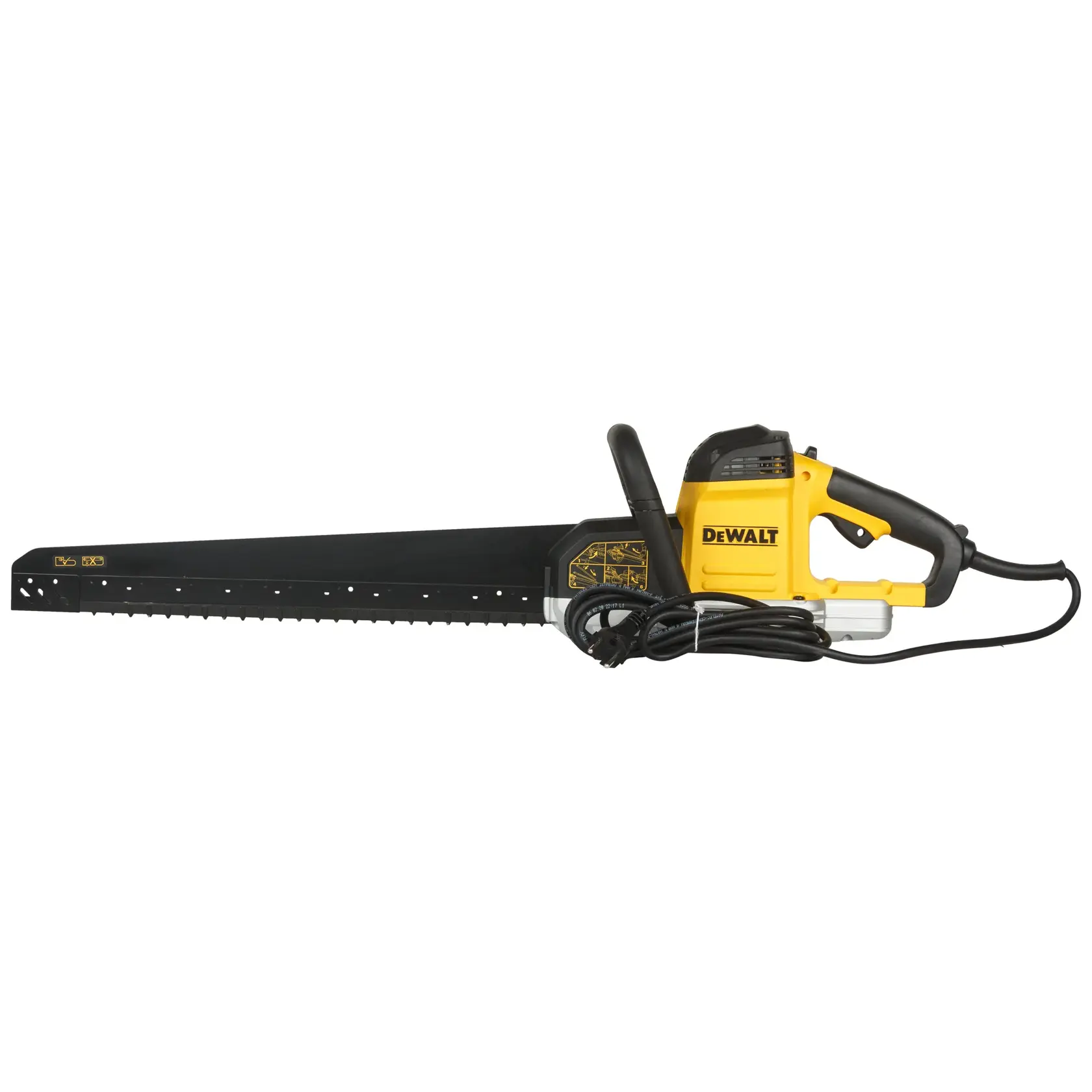 Photo of DEWALT DWE397-QS alligator saw in yellow and black, side angle on white background with visible power cord.