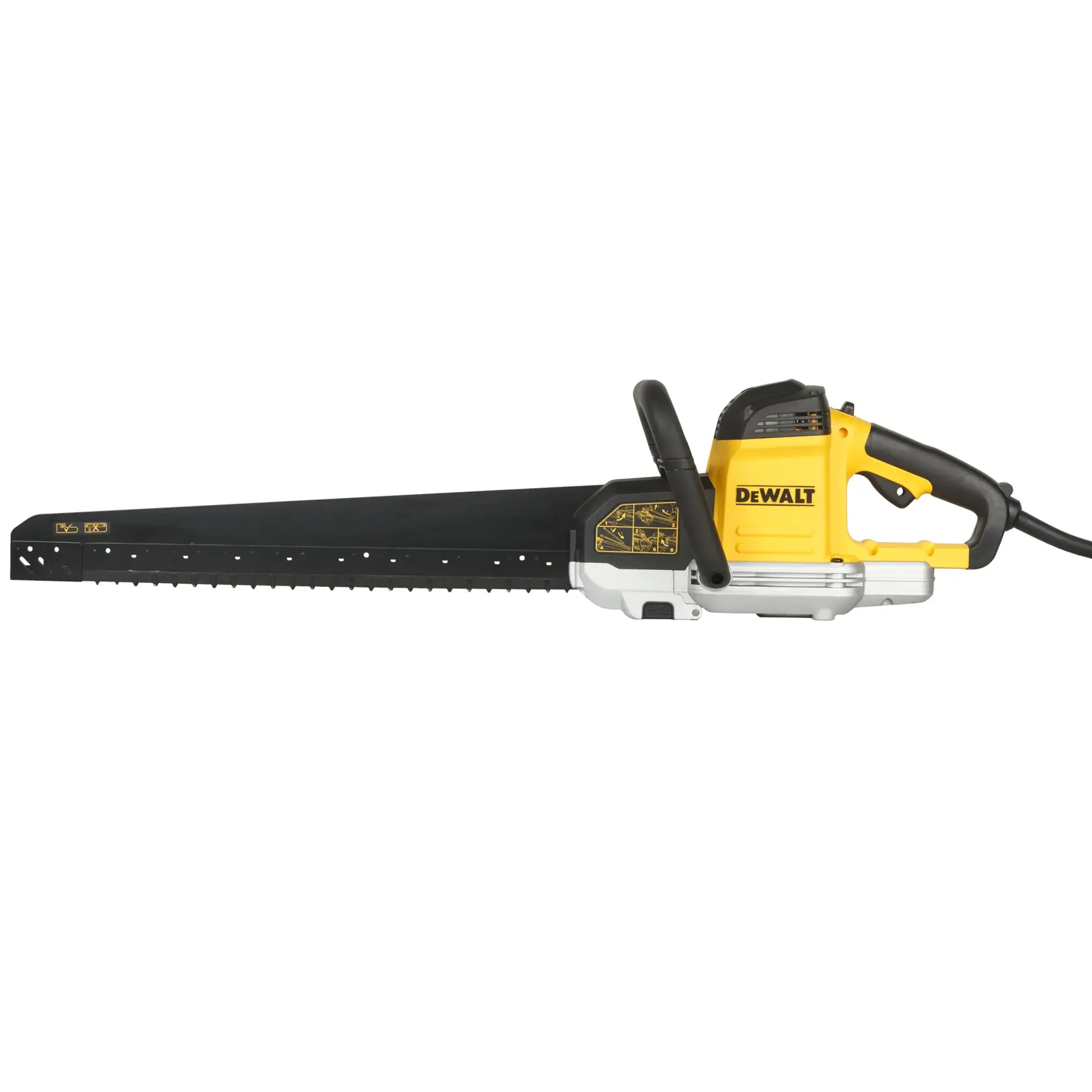 Photo of DEWALT DWE397-QS alligator saw, yellow and black, side view on white background.