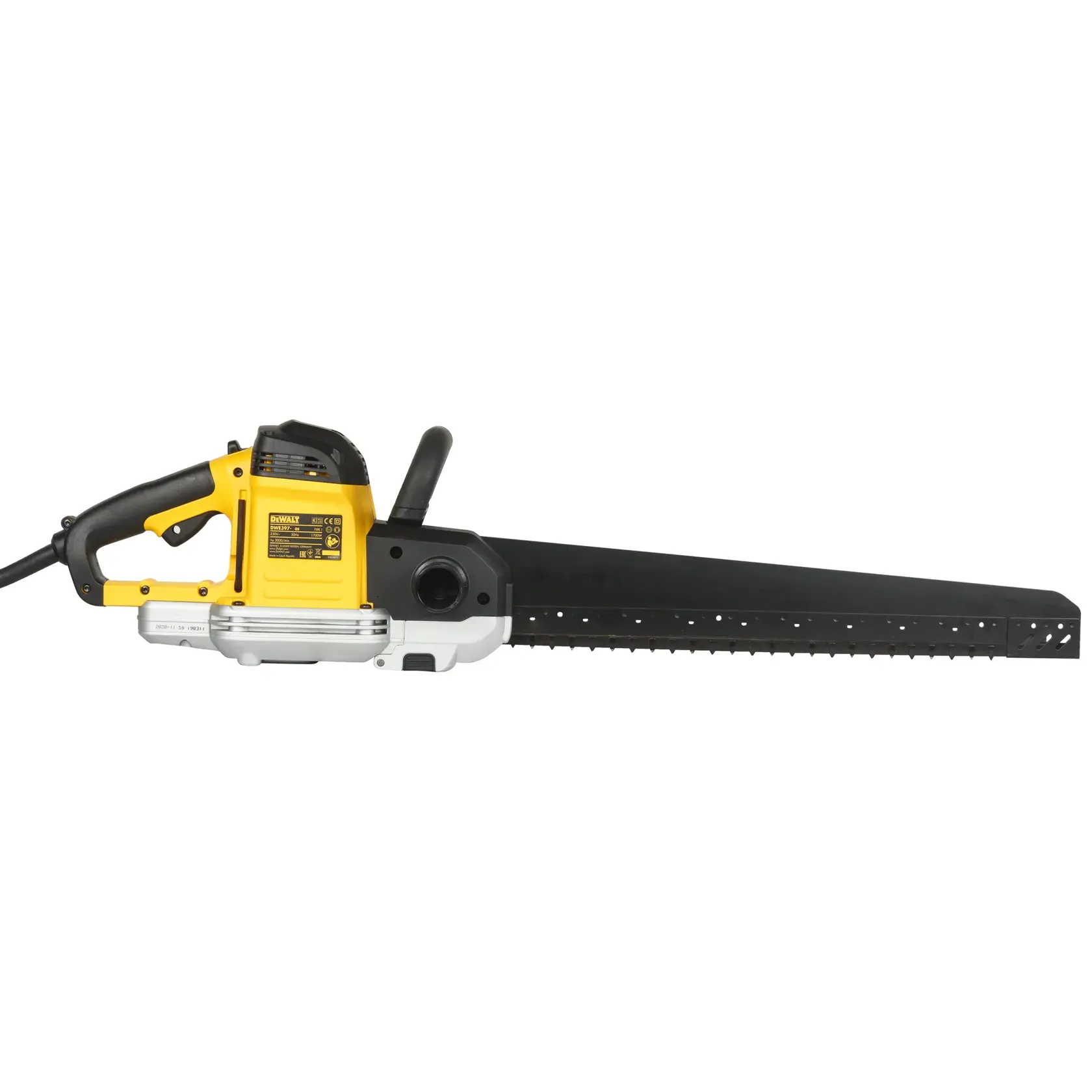Photo of DEWALT DWE397-QS Alligator saw, yellow and black, side view, with elongated blade.
