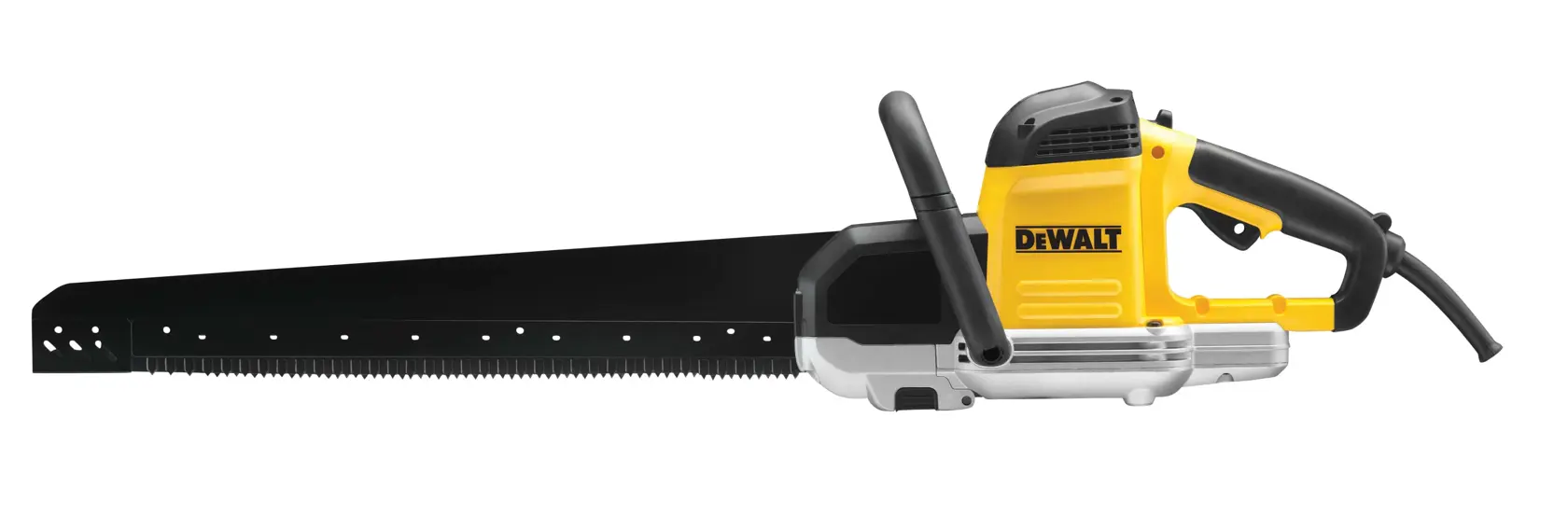 DEWALT electric saw with long black blade and yellow handle, suitable for cutting plasterboard and similar materials.