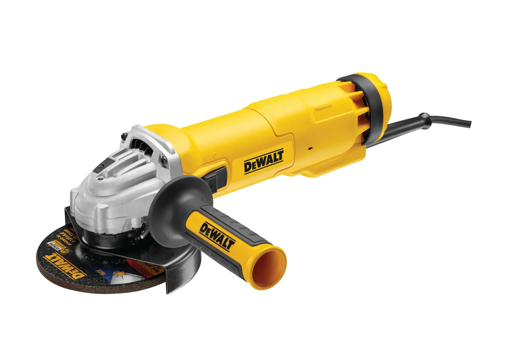 Meuleuse d’angle DEWALT jaune avec poignée latérale et câble, présentée sur fond blanc.