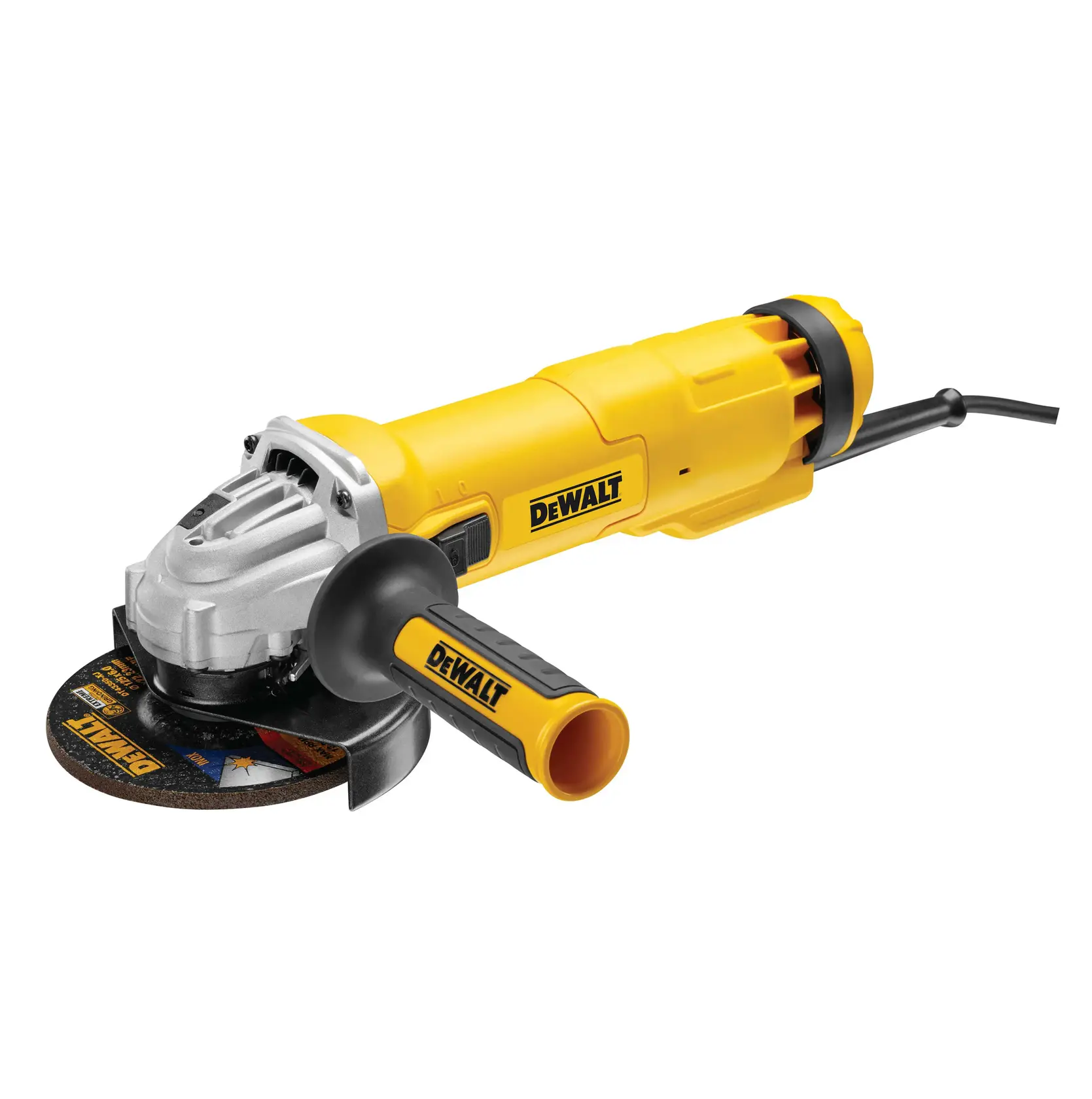 DEWALT DWE4217 yellow angle grinder with side handle and power cord, viewed on a white background.