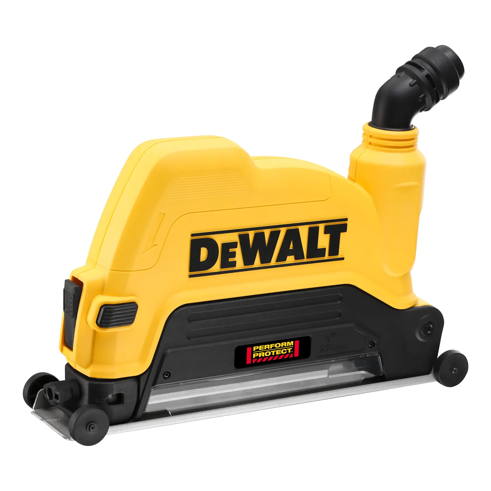 Carter antipoussière DEWALT jaune pour photographie, étiquette Perform Protect noire et sortie inclinée.