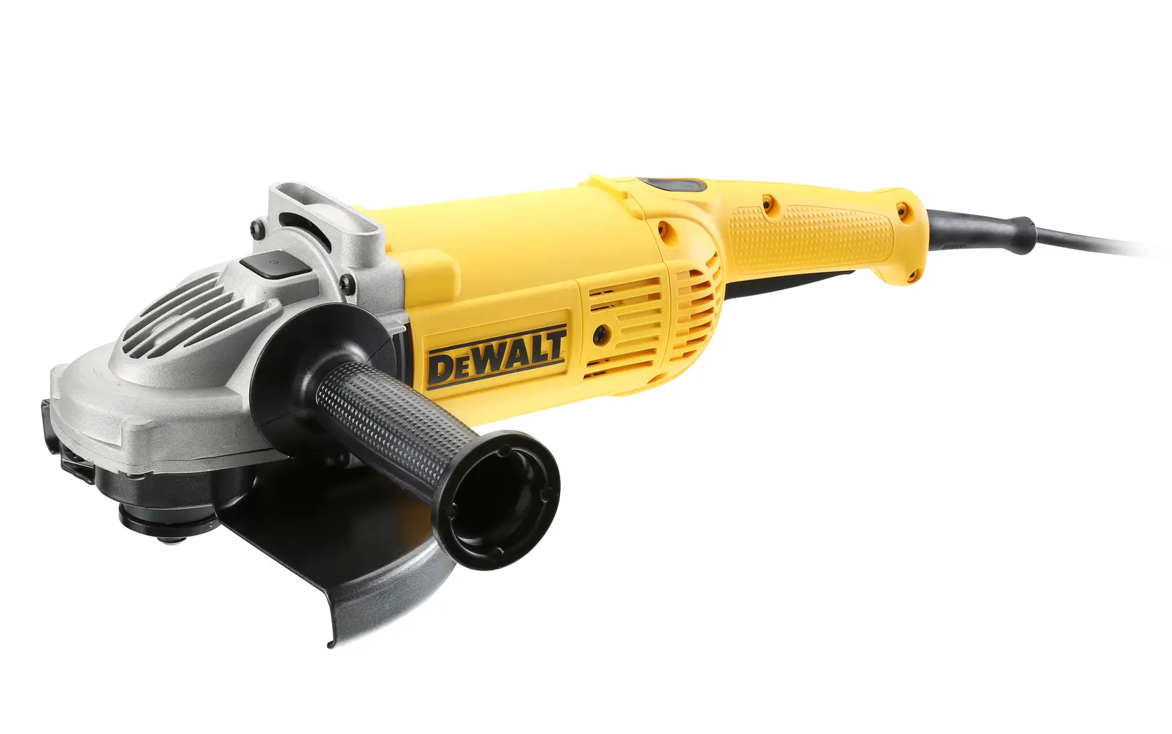 Yellow DEWALT DWE492S angle grinder with side handle and power cord on white background.