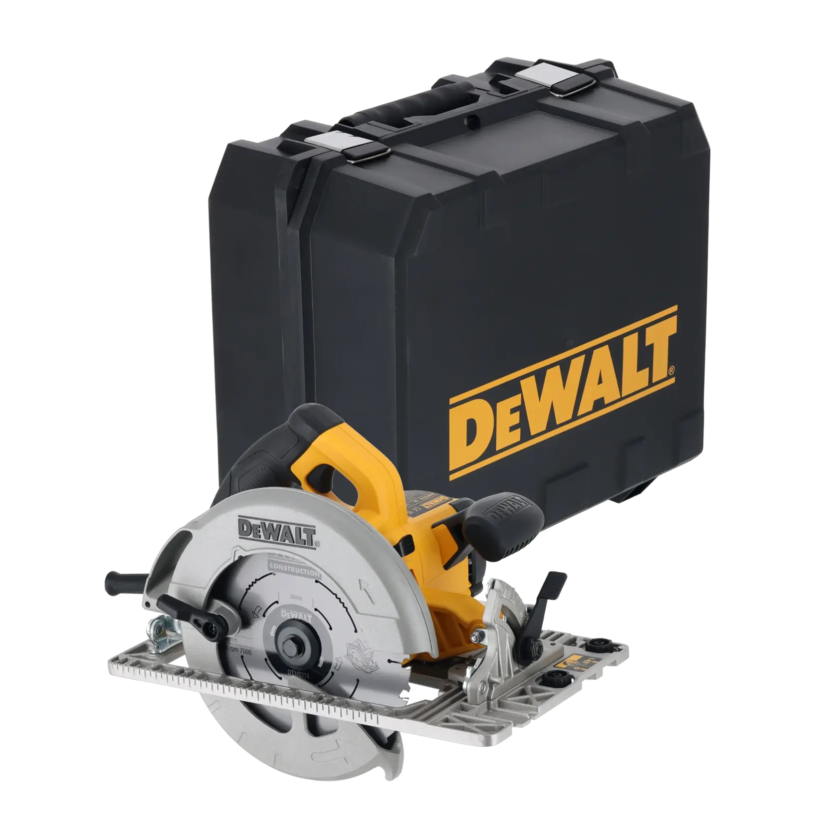 DEWALT circular saw with sturdy black carrying case, both branded, for construction or woodworking use.