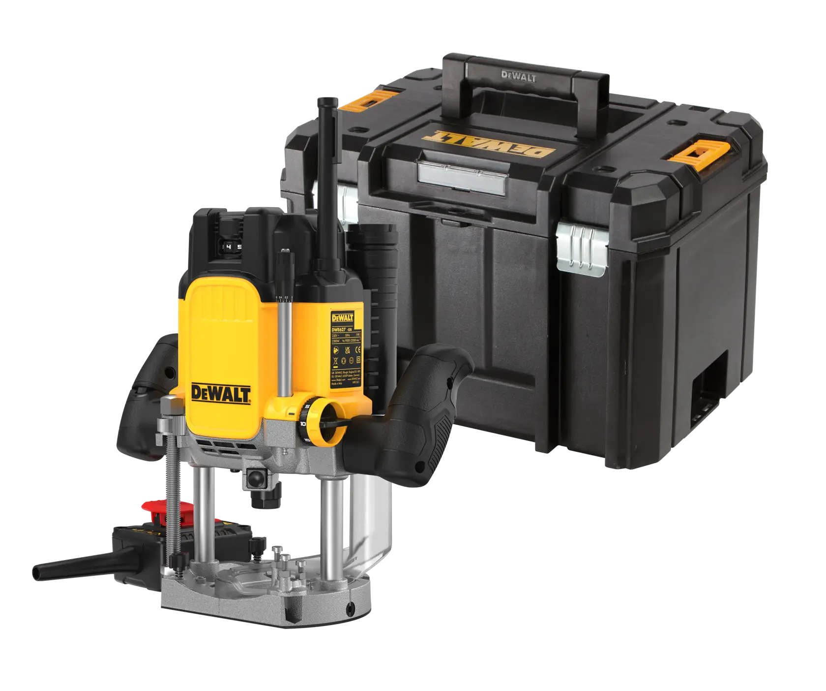 Outil défonceuse DEWALT à deux poignées avec une mallette noire, adapté au bois et à la photographie.