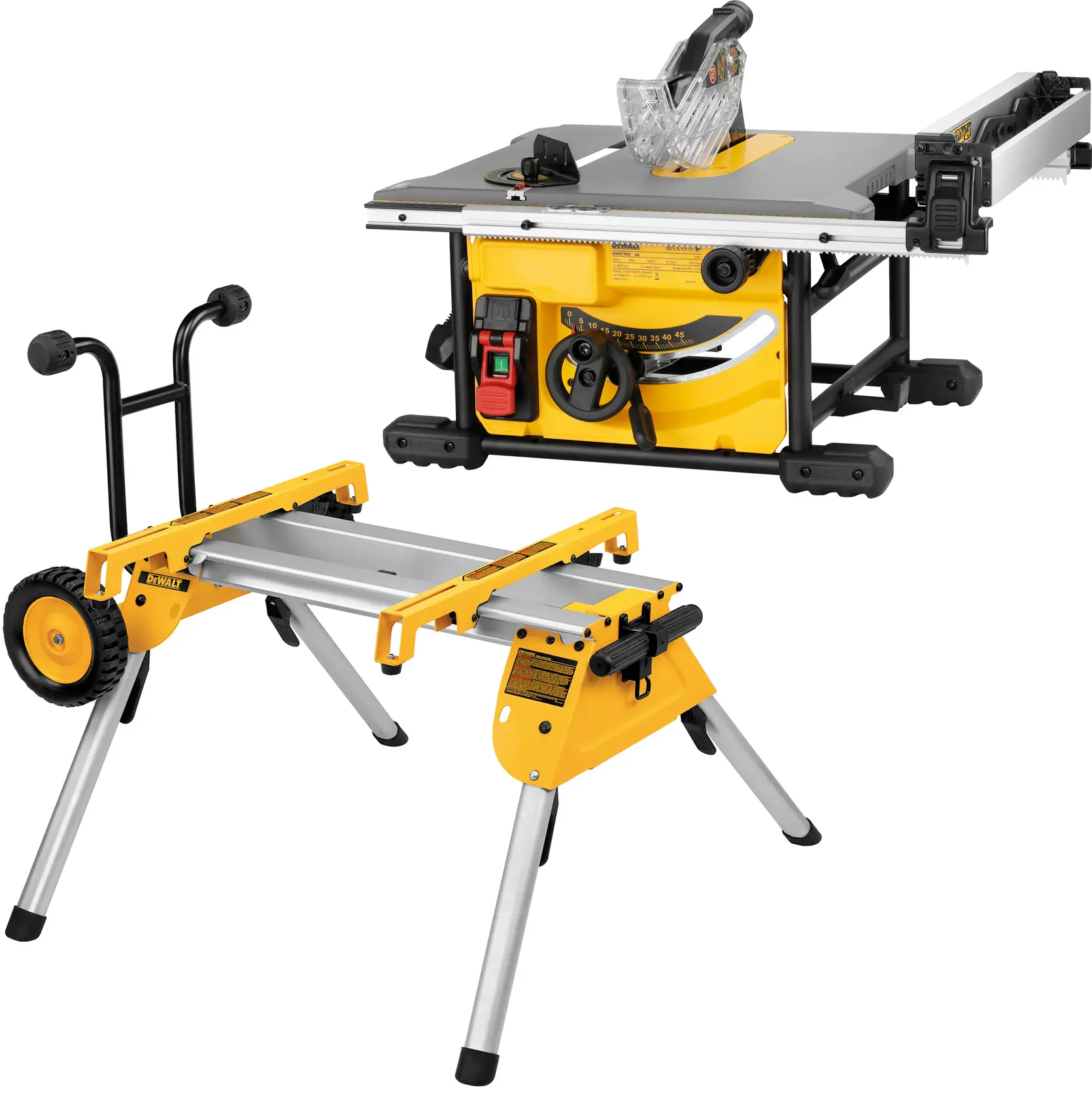 DEWALT table saw with stand and wheels, yellow and black design, suitable for woodworking tasks.